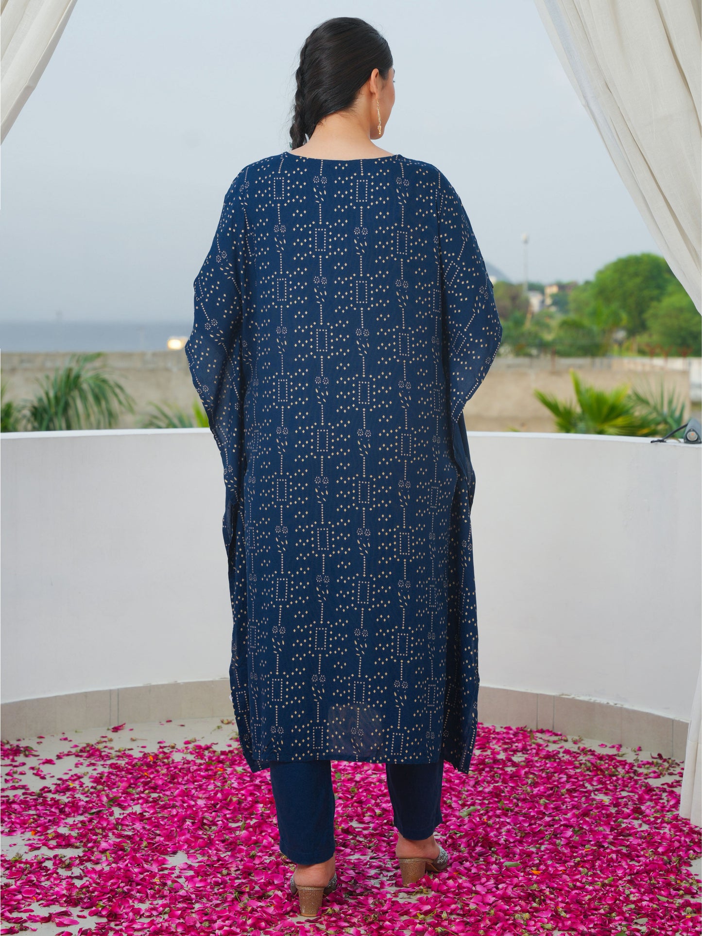 Embroidered Viscose Gold foil Kaftan Blue Kurta