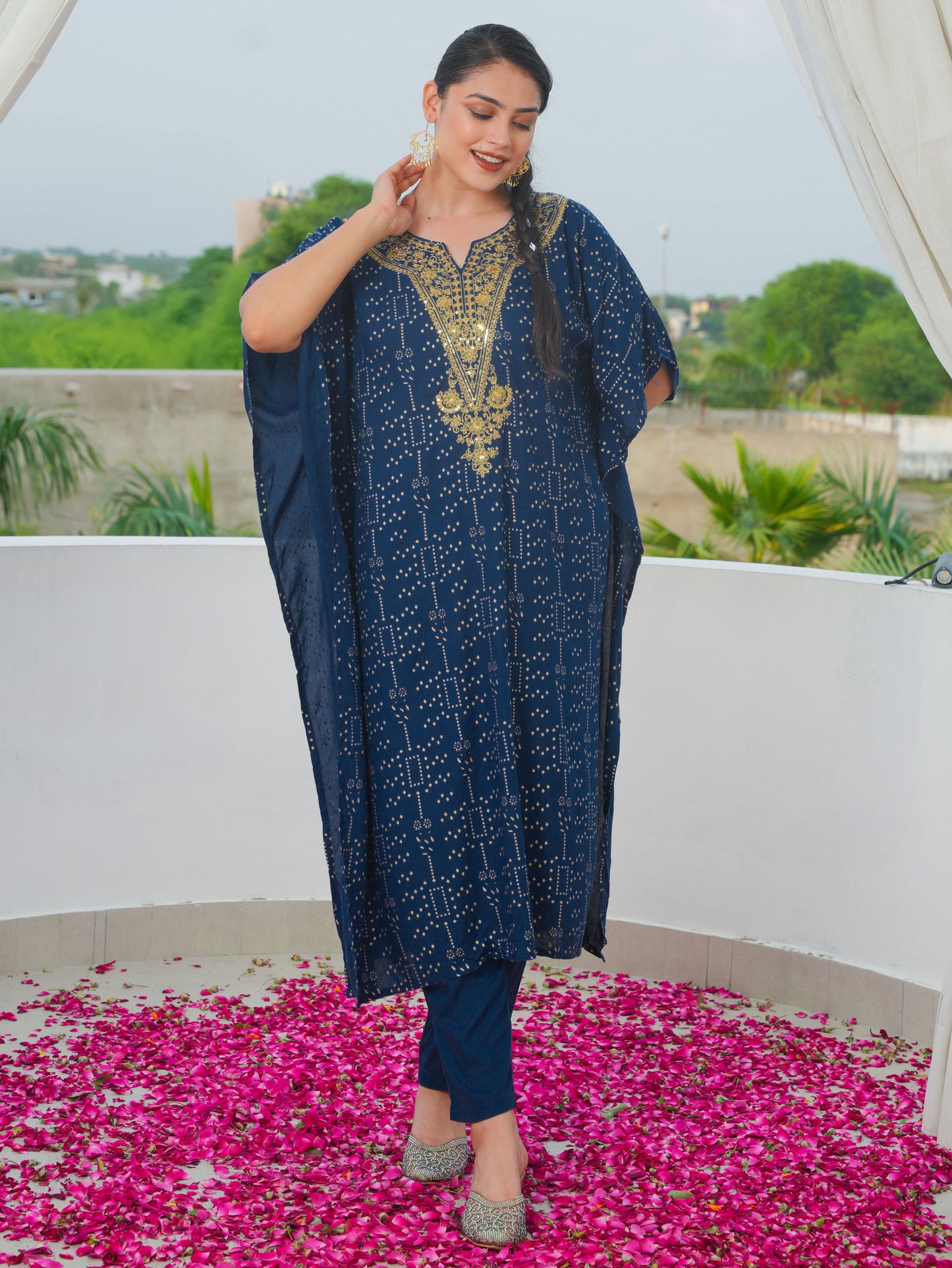 Embroidered Viscose Gold foil Kaftan Blue Kurta