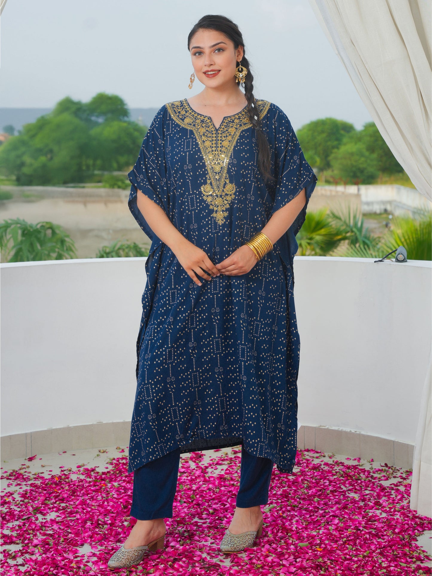Embroidered Viscose Gold foil Kaftan Blue Kurta
