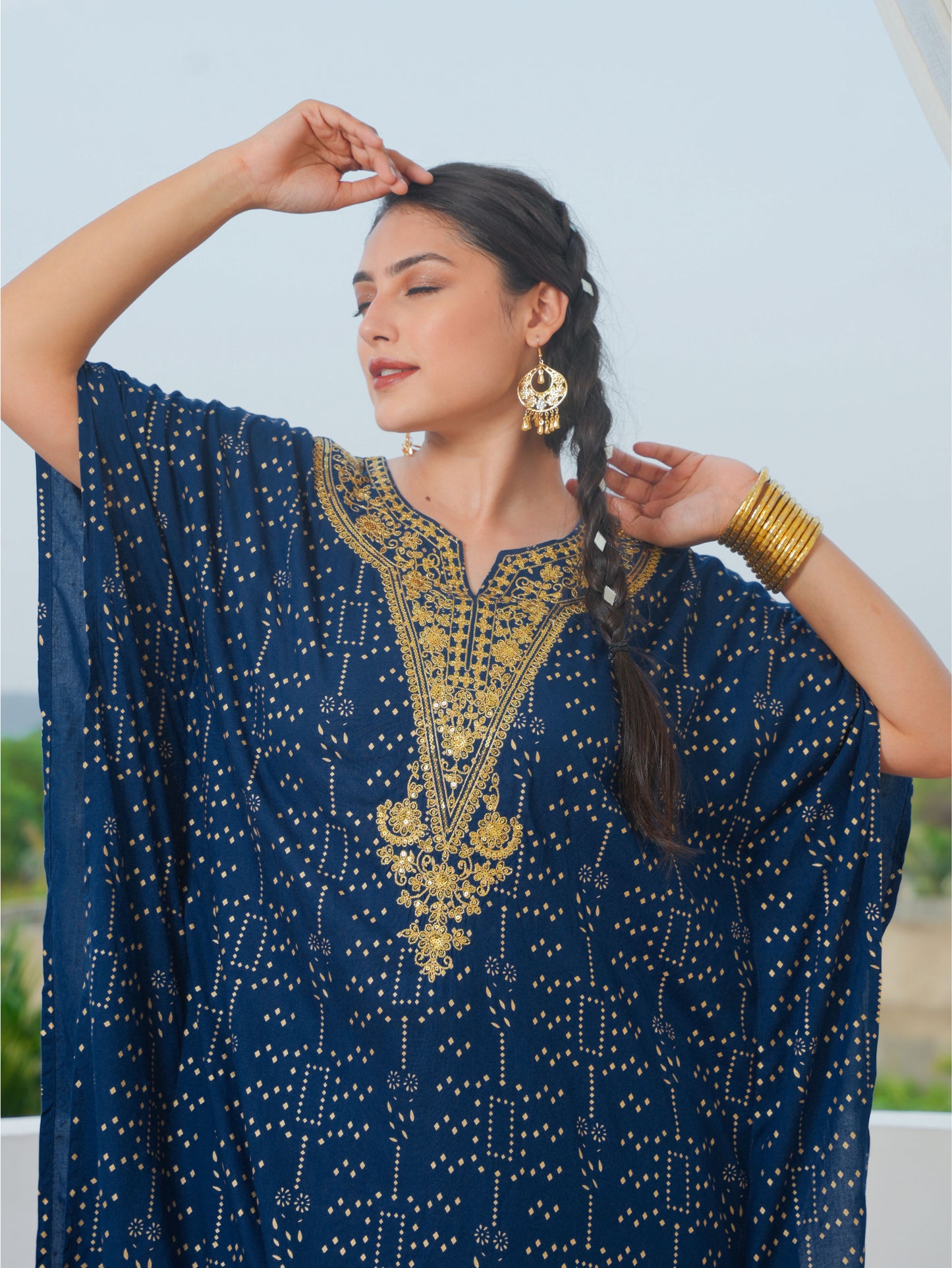 Embroidered Viscose Gold foil Kaftan Blue Kurta