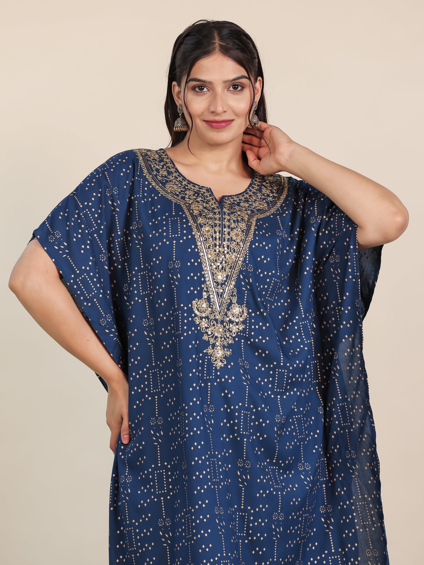 Embroidered Viscose Gold foil Kaftan Blue Kurta