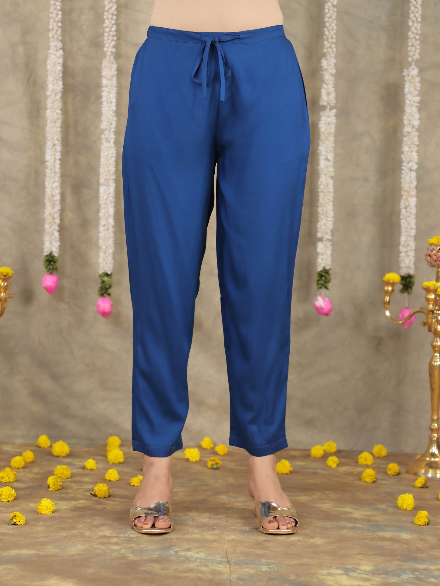 Viscose Solid Blue Tapered Tapered Trousers