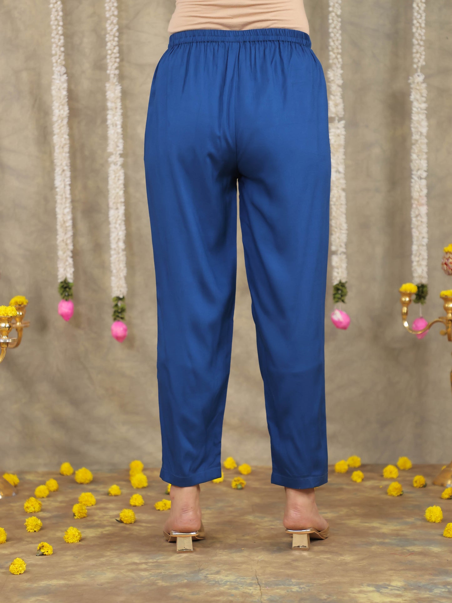 Viscose Solid Blue Tapered Tapered Trousers