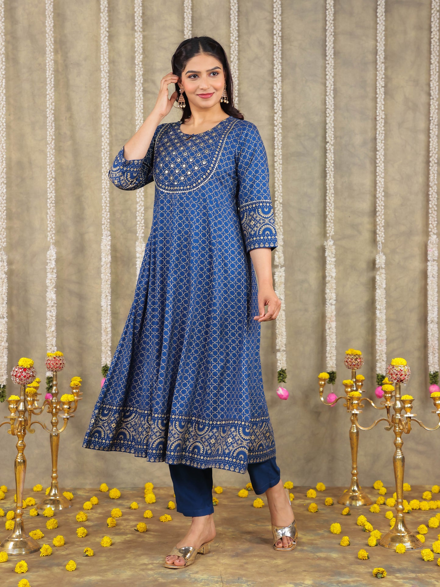 Viscose Gold foil Anarkali Blue Kurta