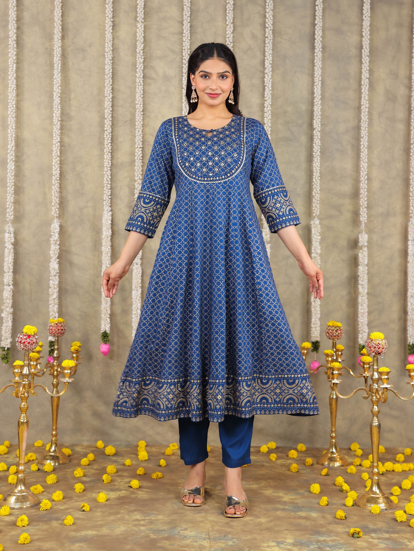 Viscose Gold foil Anarkali Blue Kurta