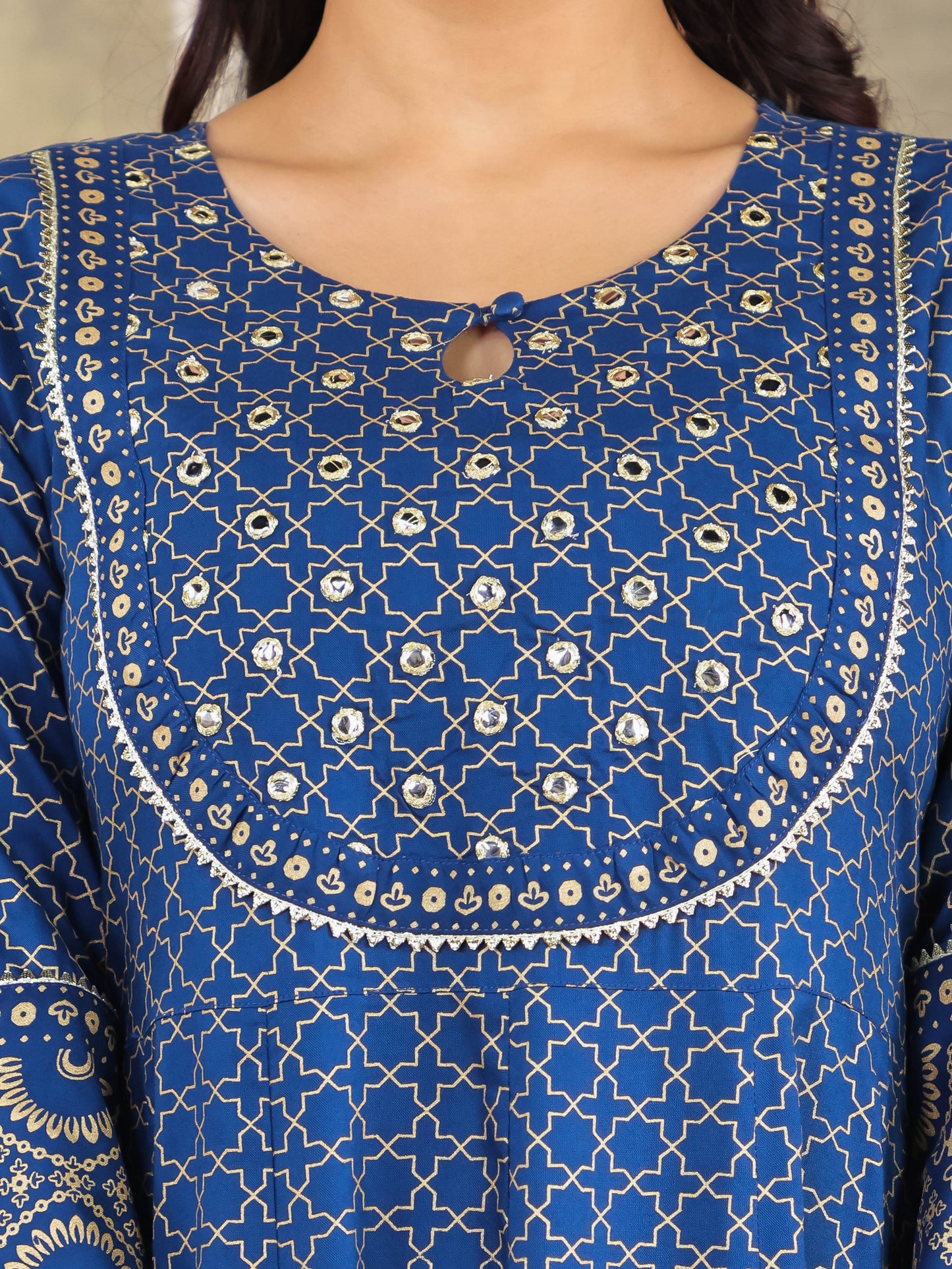 Viscose Gold foil Anarkali Blue Kurta
