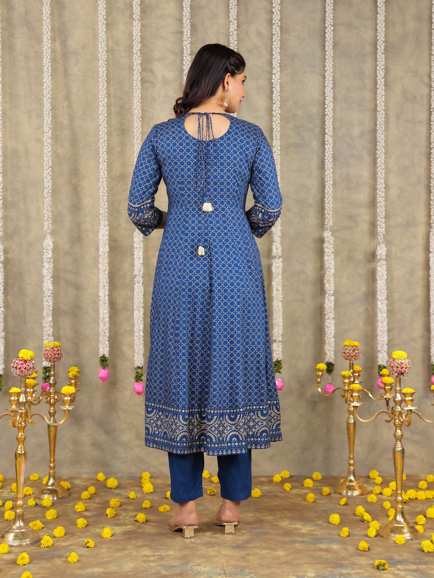 Viscose Gold foil Anarkali Blue Kurta