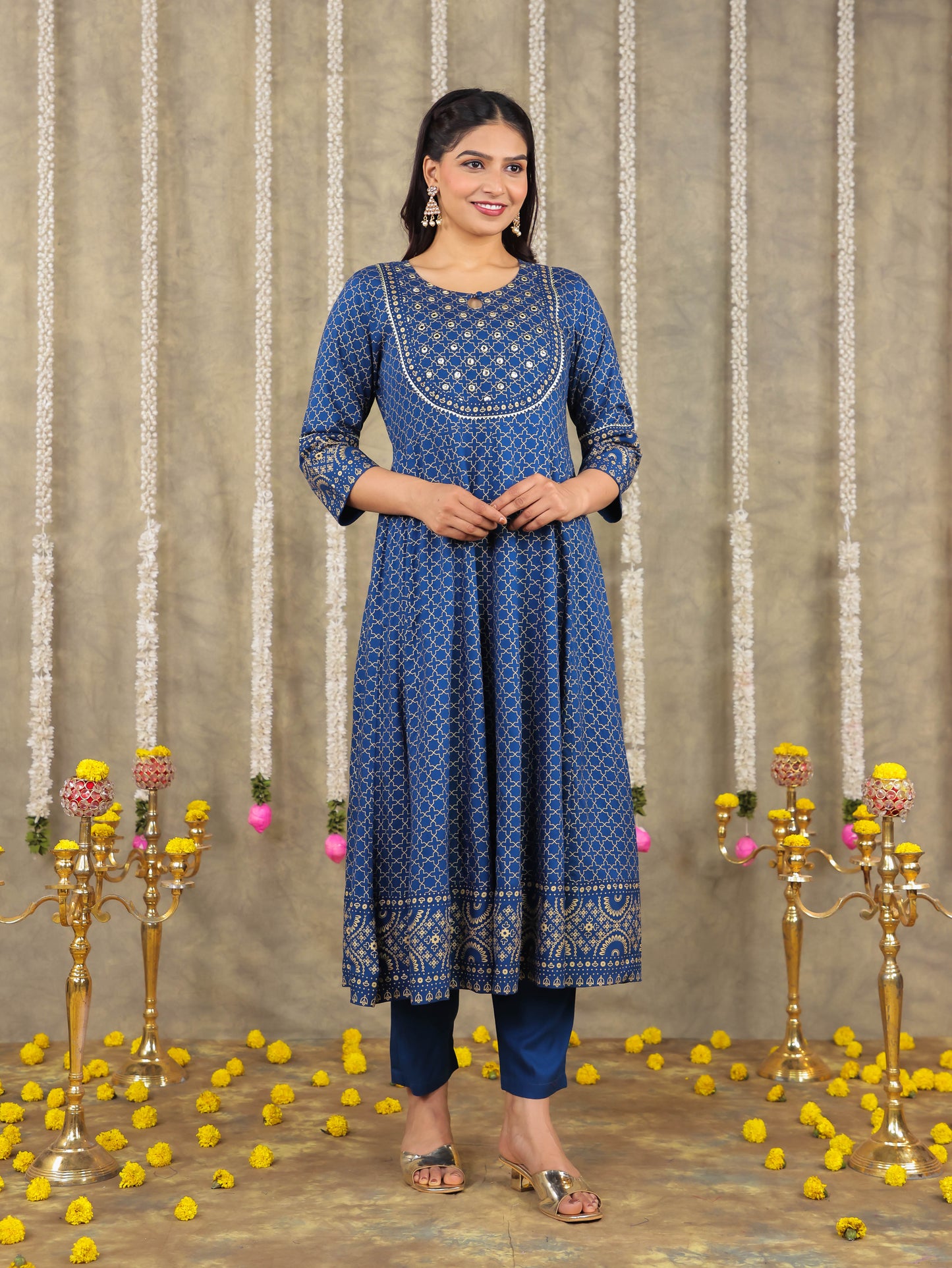 Viscose Gold foil Anarkali Blue Kurta