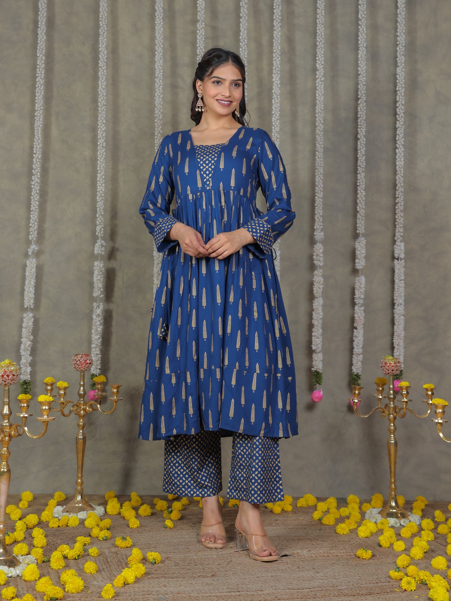 Viscose Gold foil Anarkali Blue Kurta