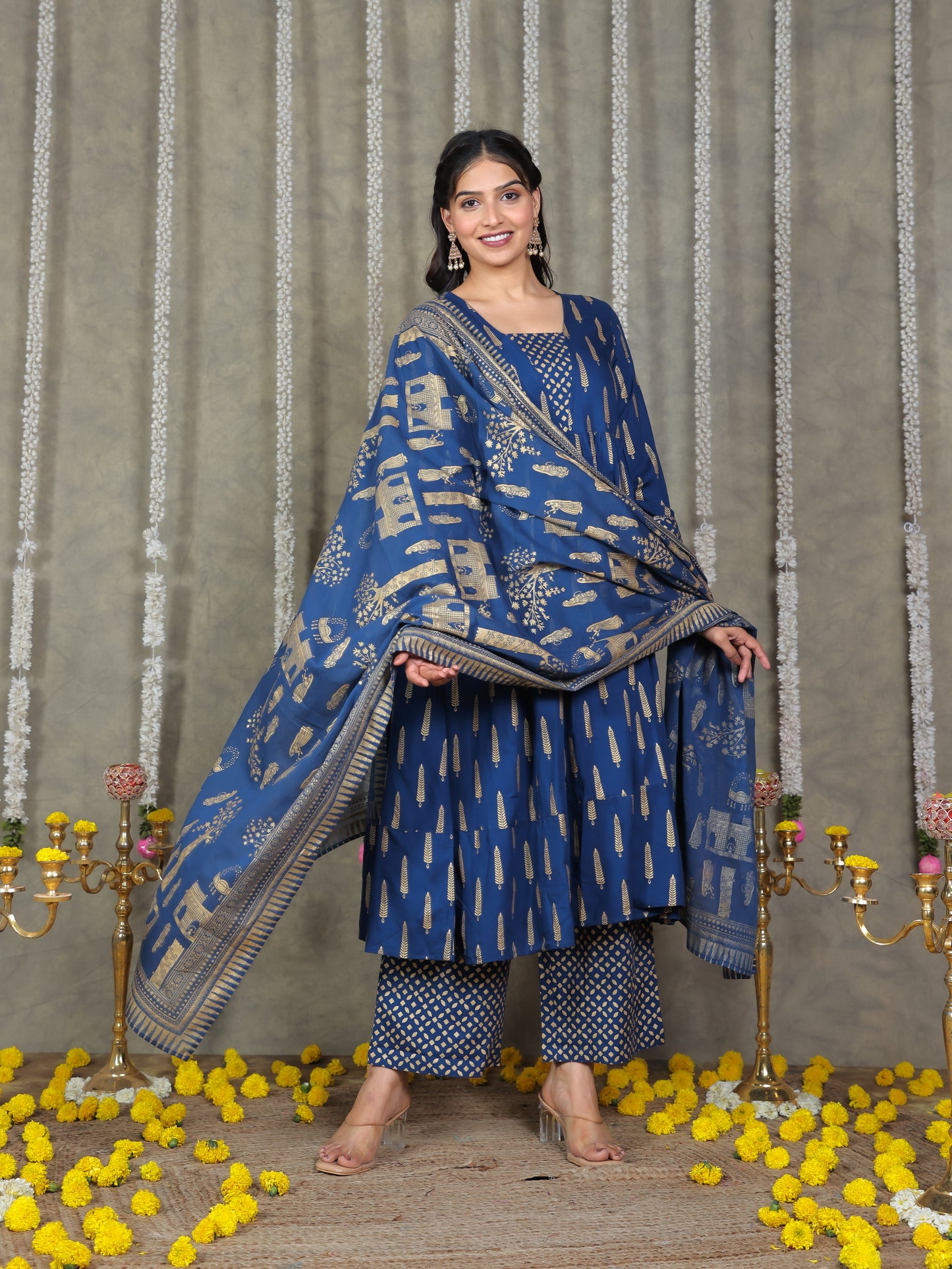 Viscose Gold foil Anarkali Blue Kurta
