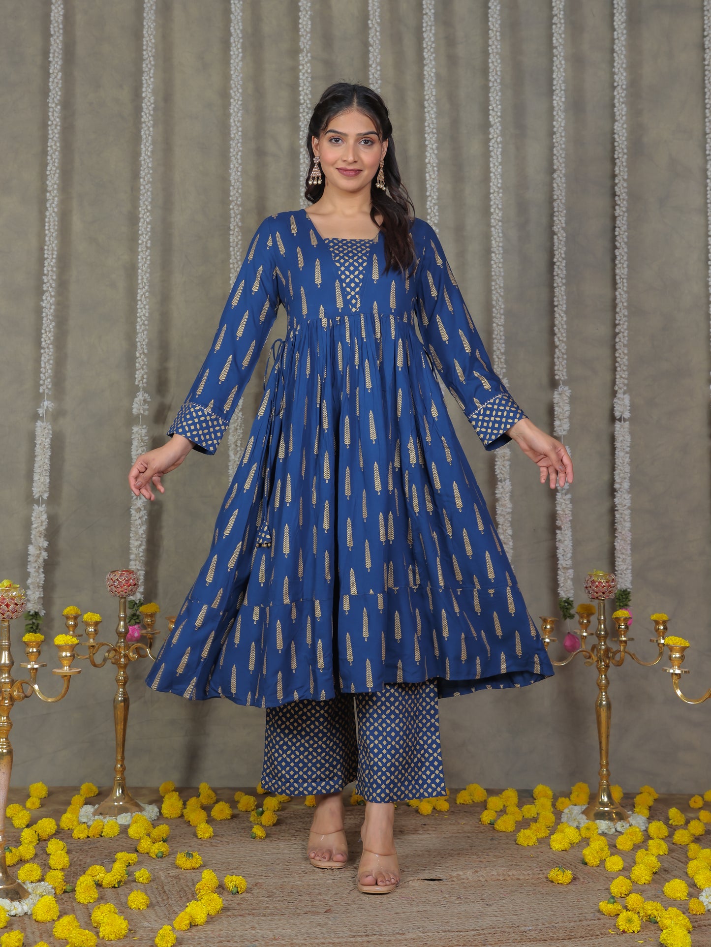 Viscose Gold foil Anarkali Blue Kurta