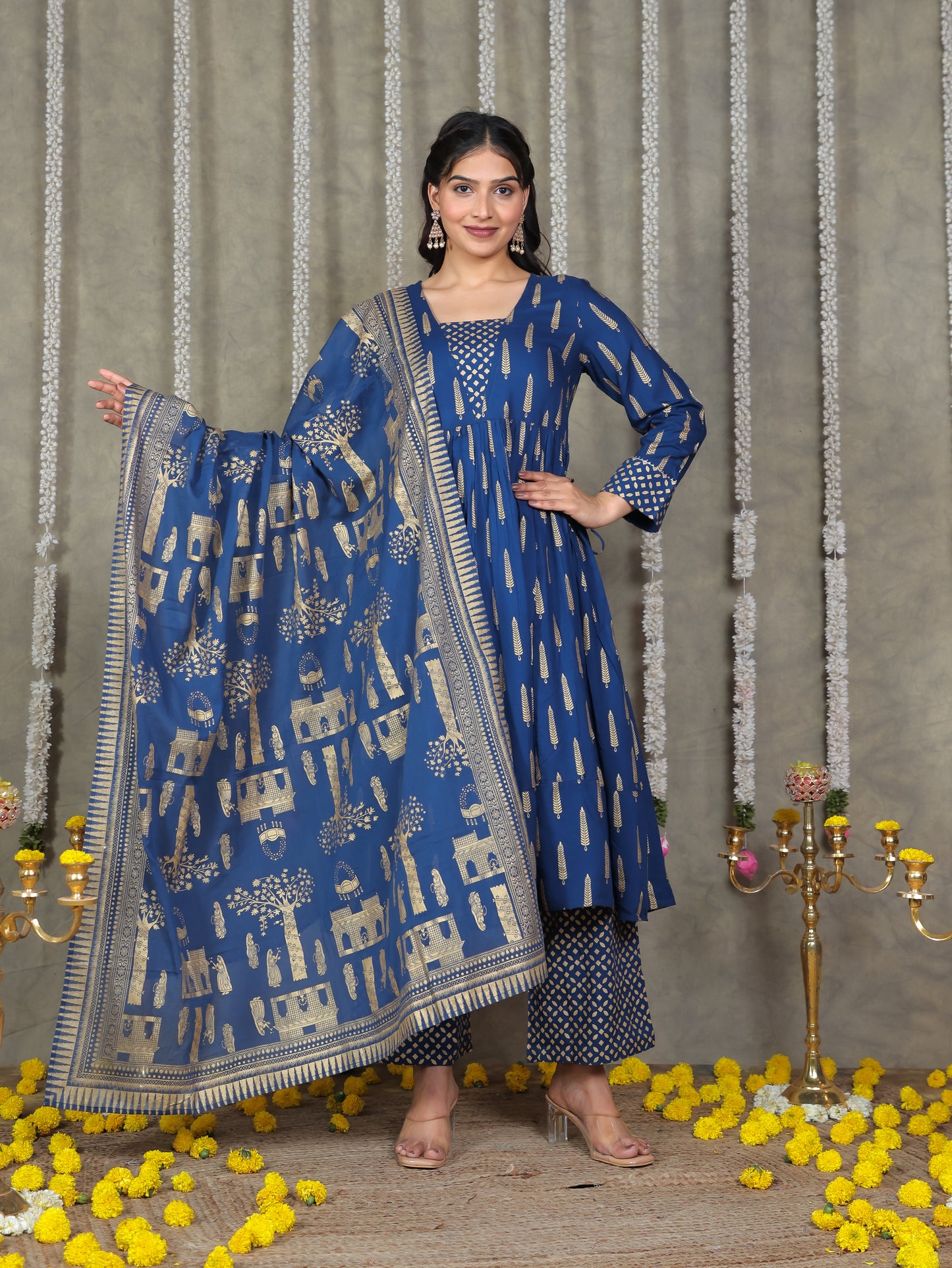 Viscose Gold foil Anarkali Blue Kurta