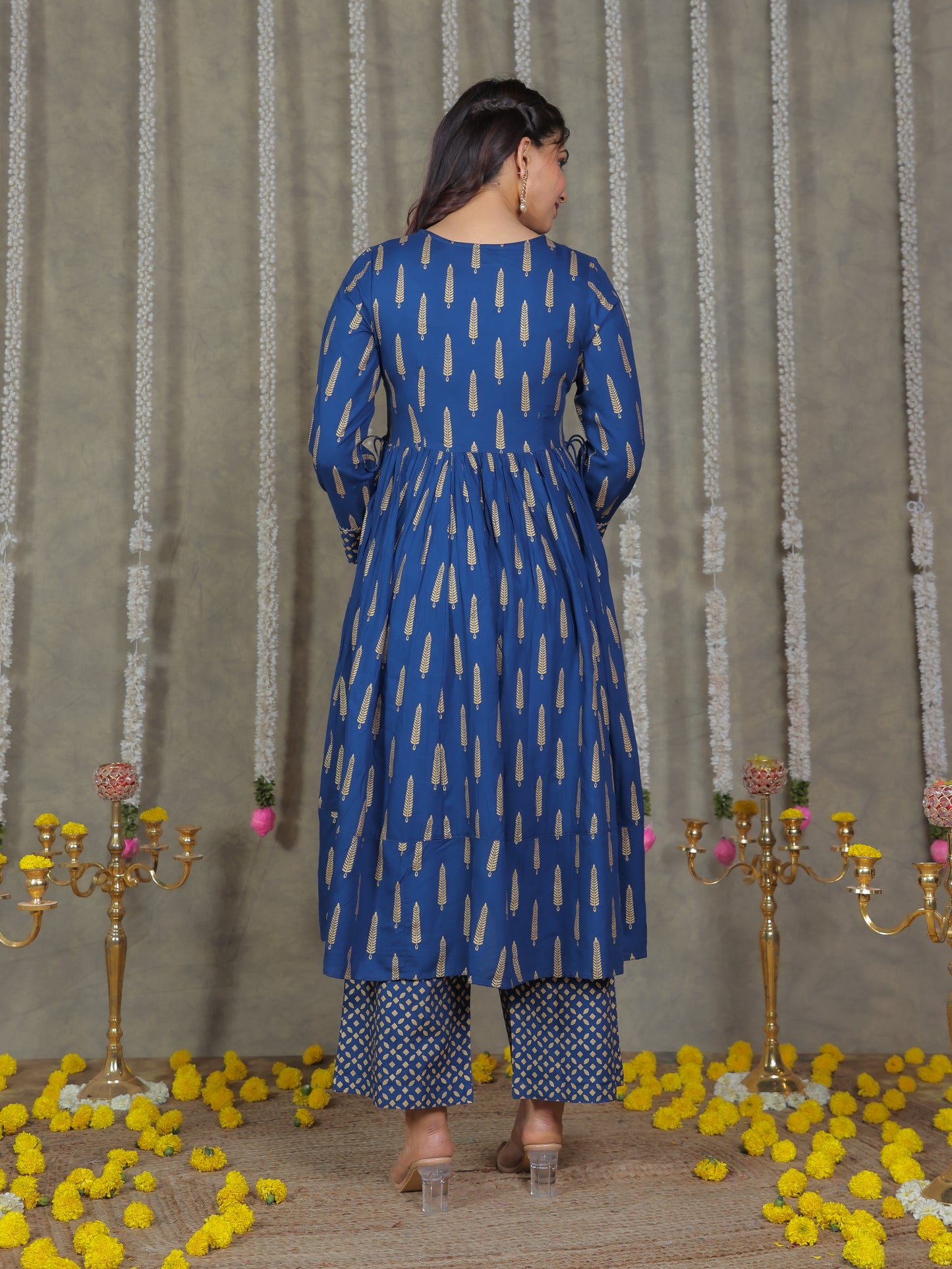 Viscose Gold foil Anarkali Blue Kurta