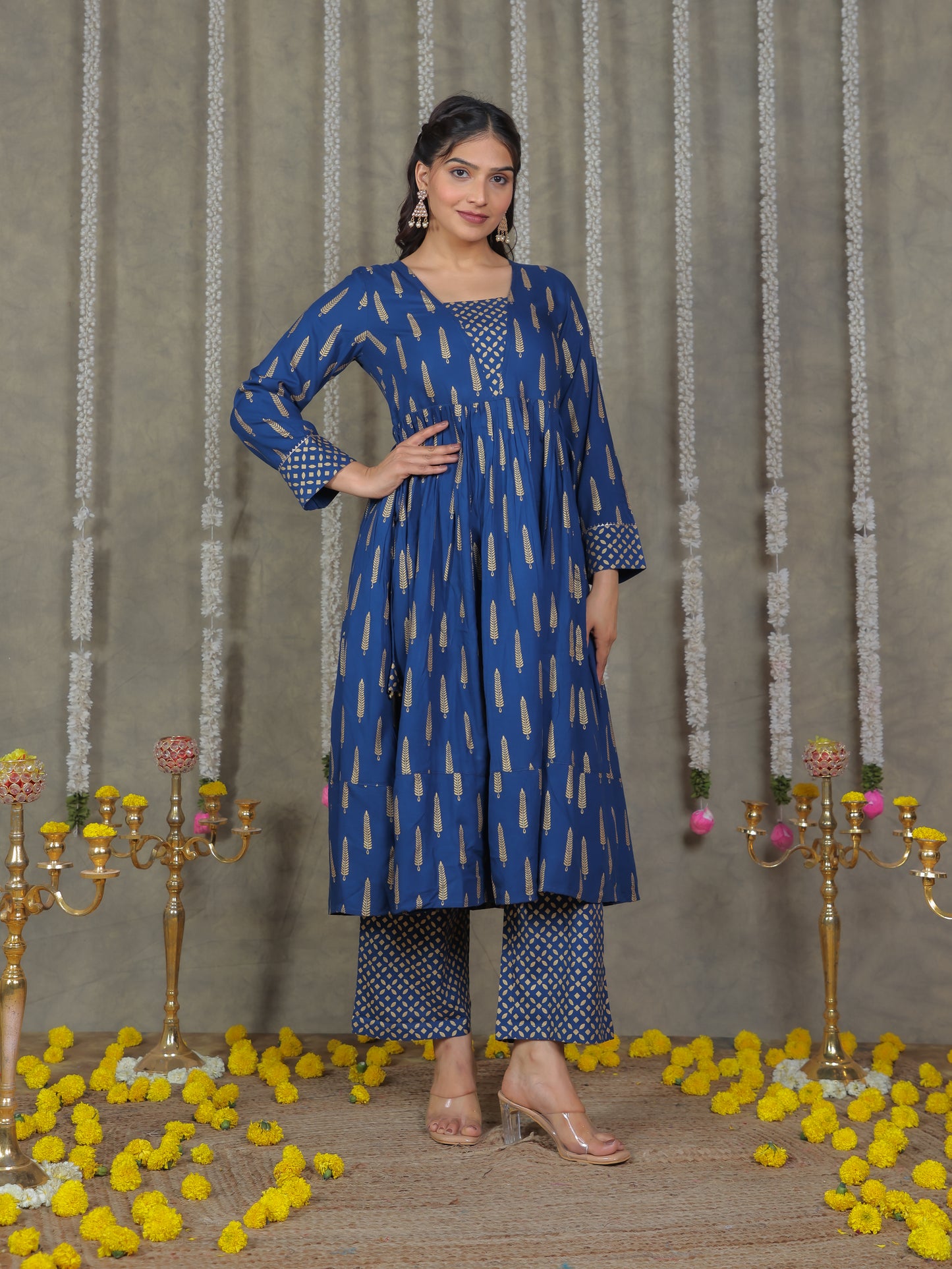 Viscose Gold foil Anarkali Blue Kurta