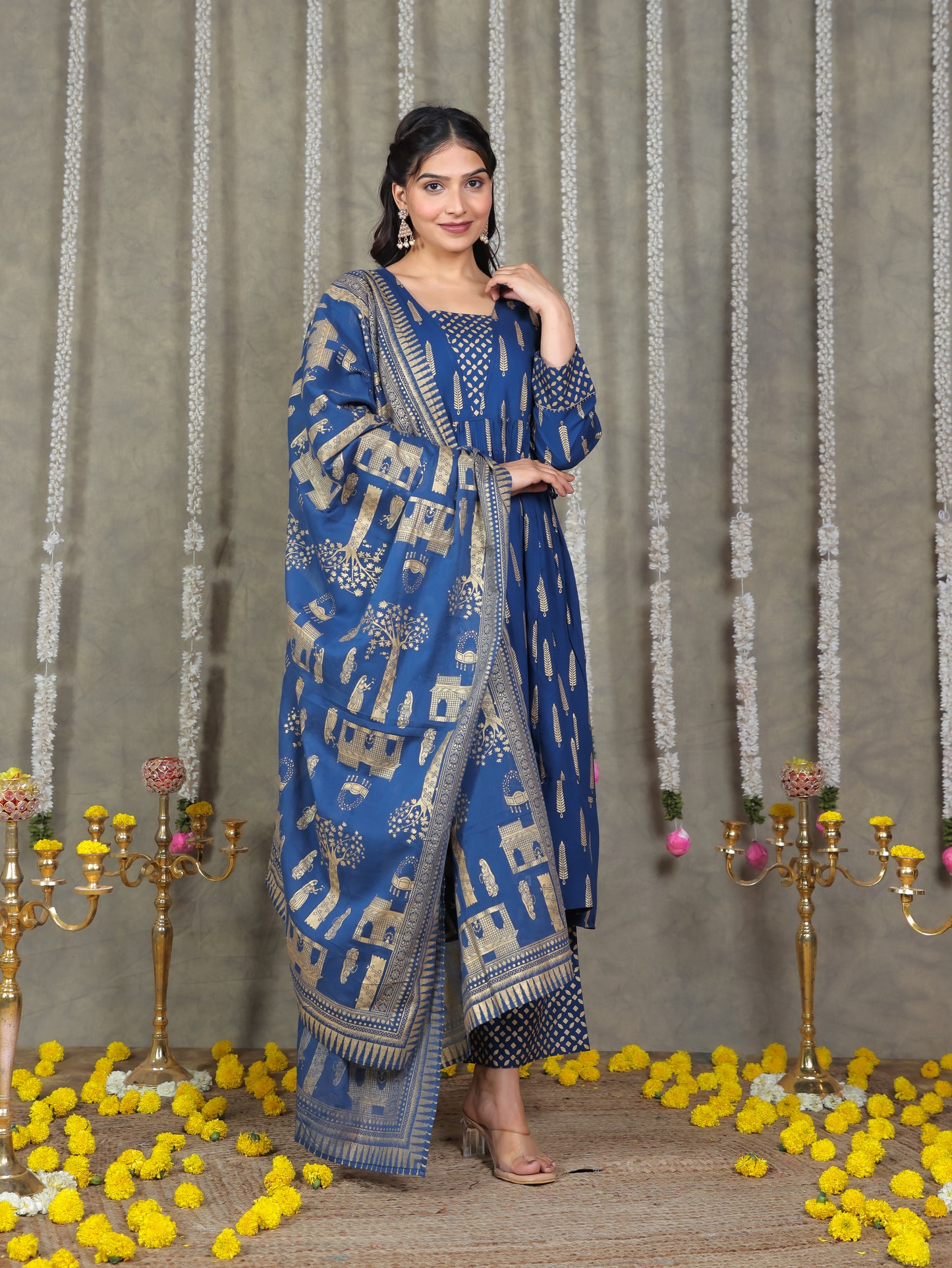 Viscose Gold foil Anarkali Blue Kurta