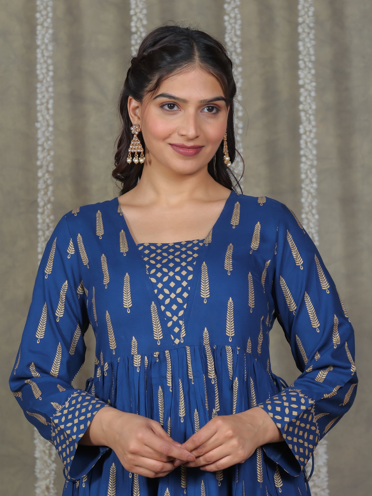 Viscose Gold foil Anarkali Blue Kurta