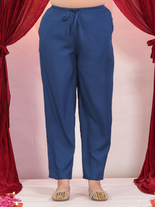 Viscose Solid Blue Tapered Tapered Trousers