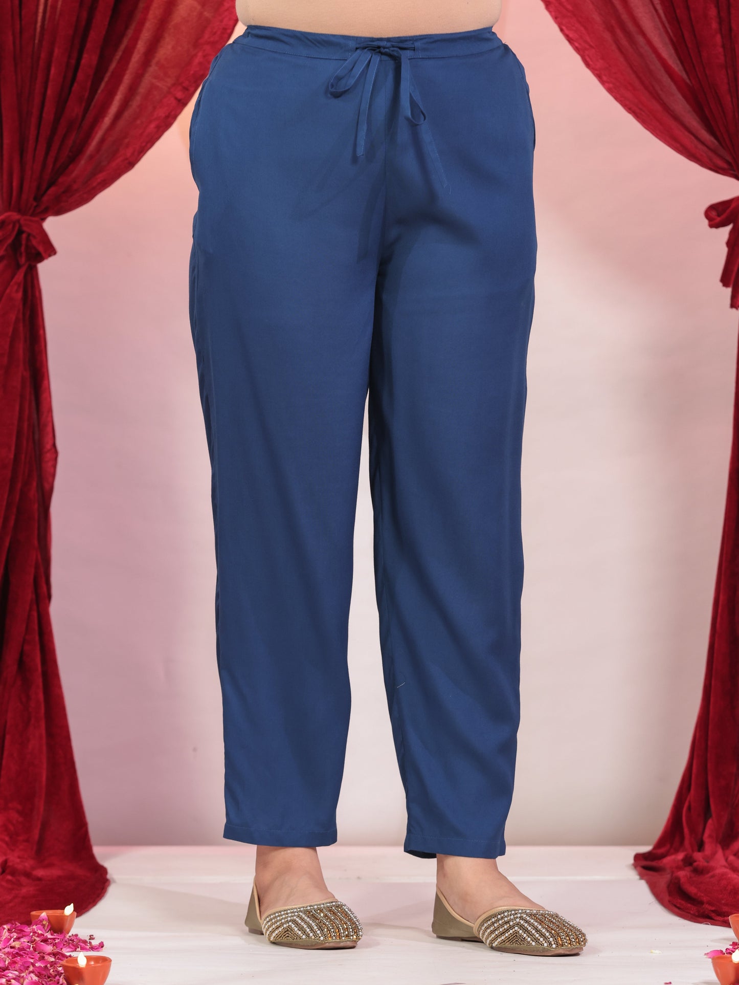 Viscose Solid Blue Tapered Tapered Trousers