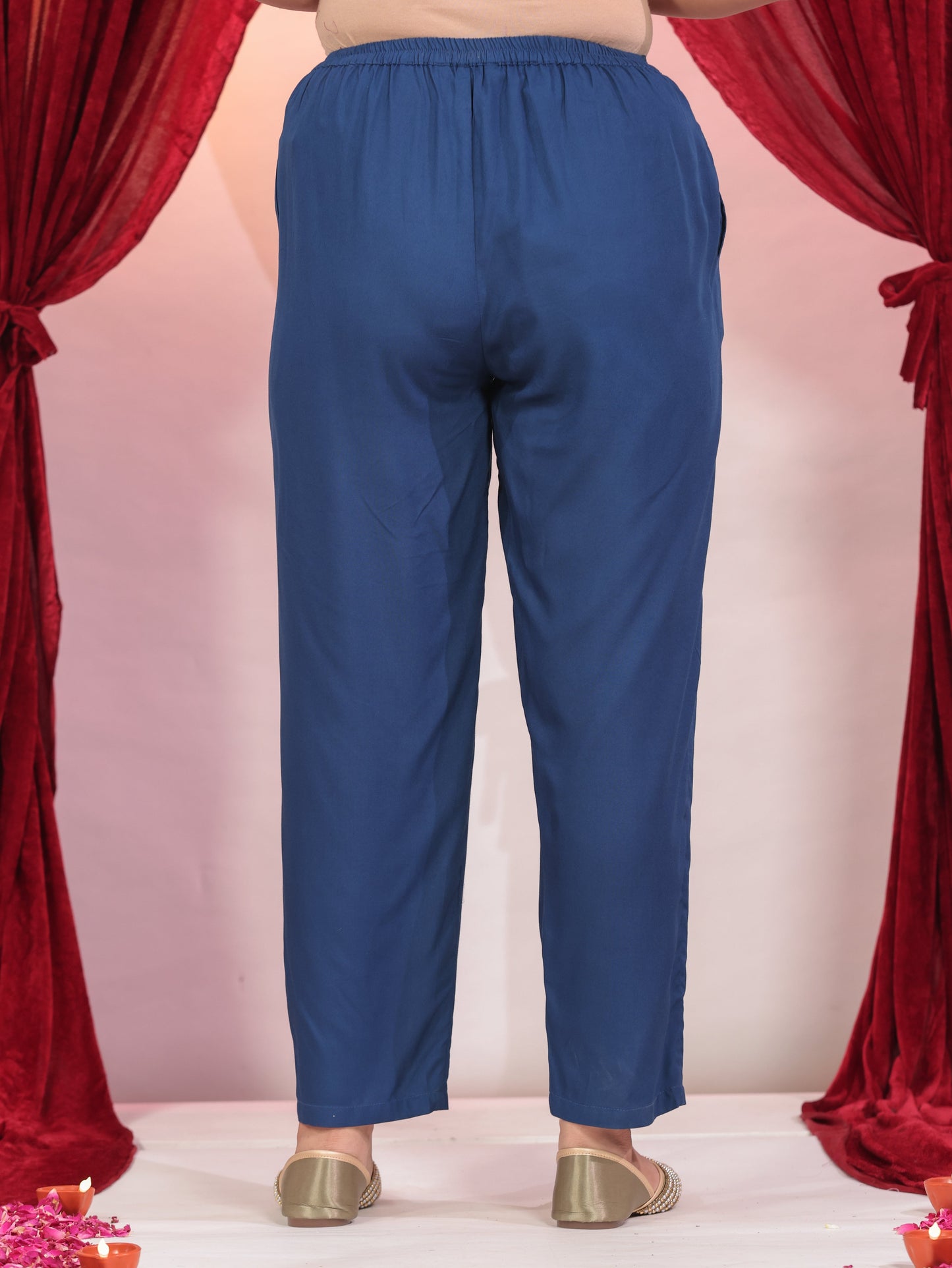 Viscose Solid Blue Tapered Tapered Trousers