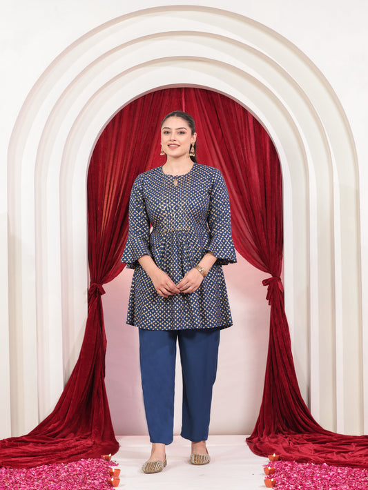 Embroidered Viscose Gold foil Straight Blue Kurta