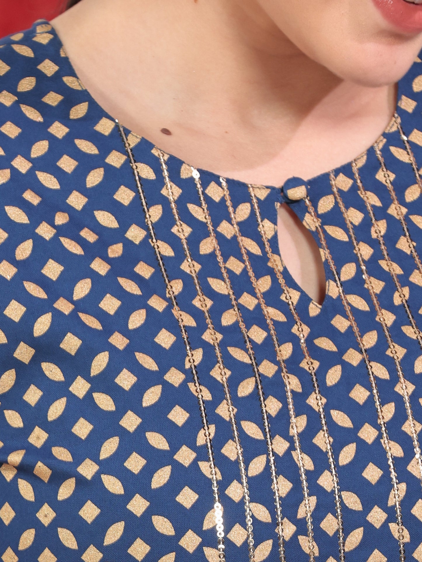 Embroidered Viscose Gold foil Straight Blue Kurta