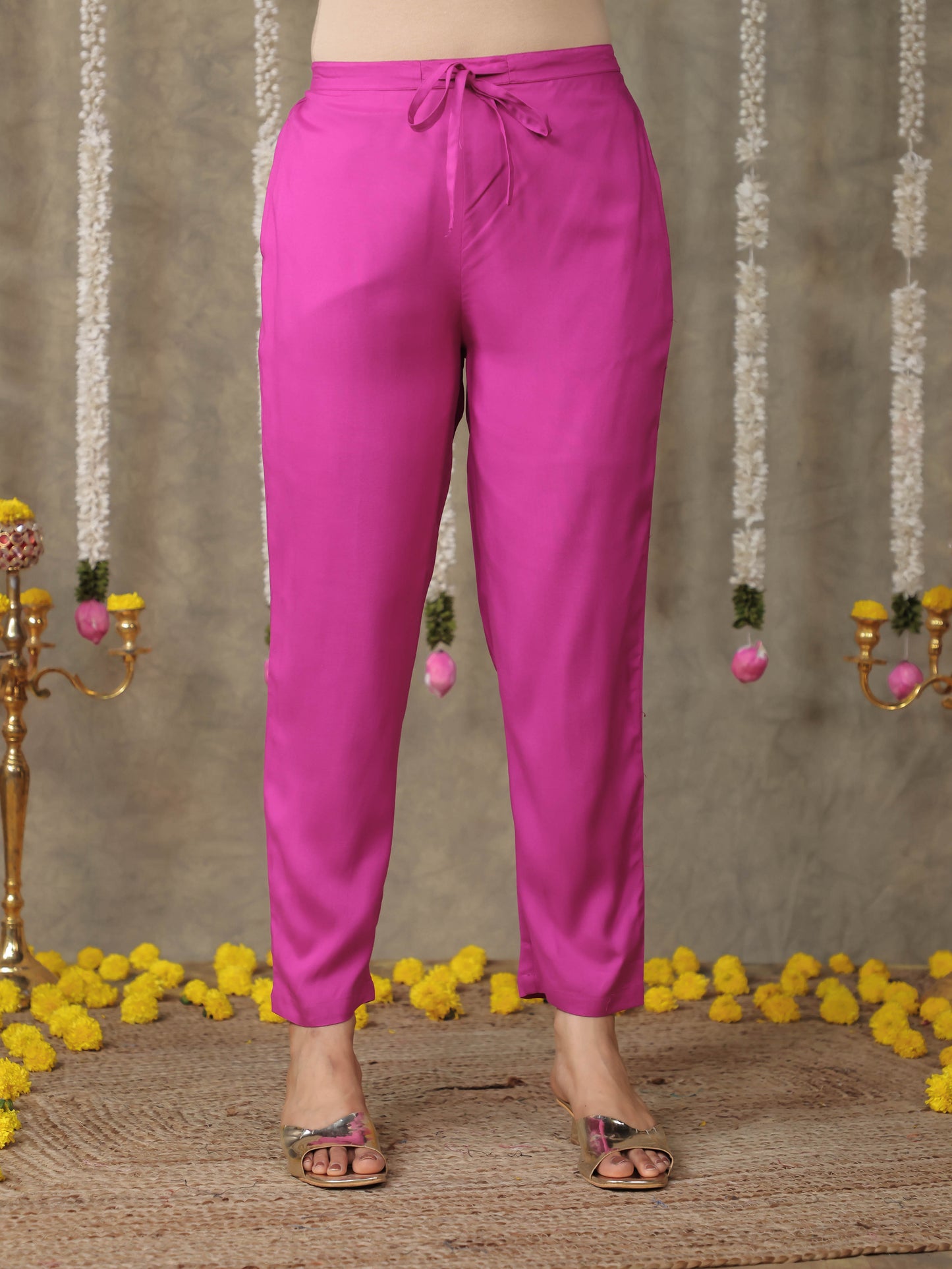 Viscose Solid Pink Tapered Tapered Trousers