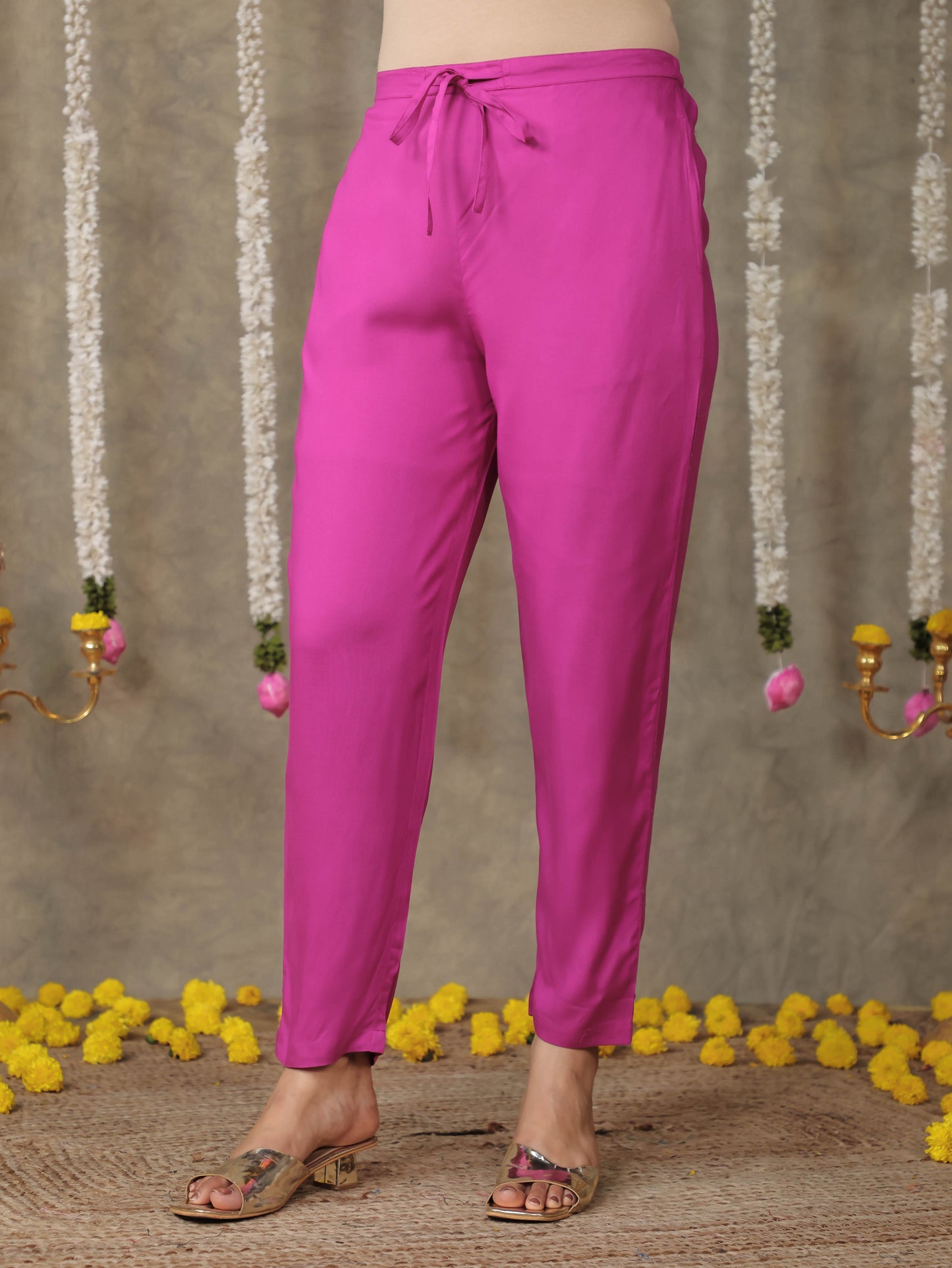 Viscose Solid Pink Tapered Tapered Trousers
