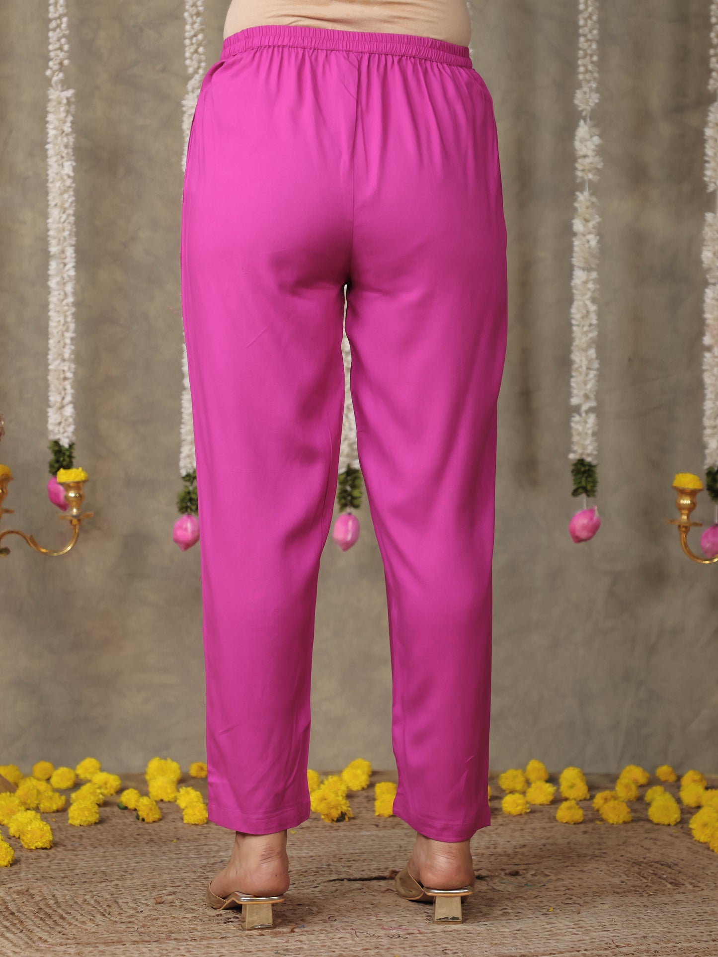 Viscose Solid Pink Tapered Tapered Trousers