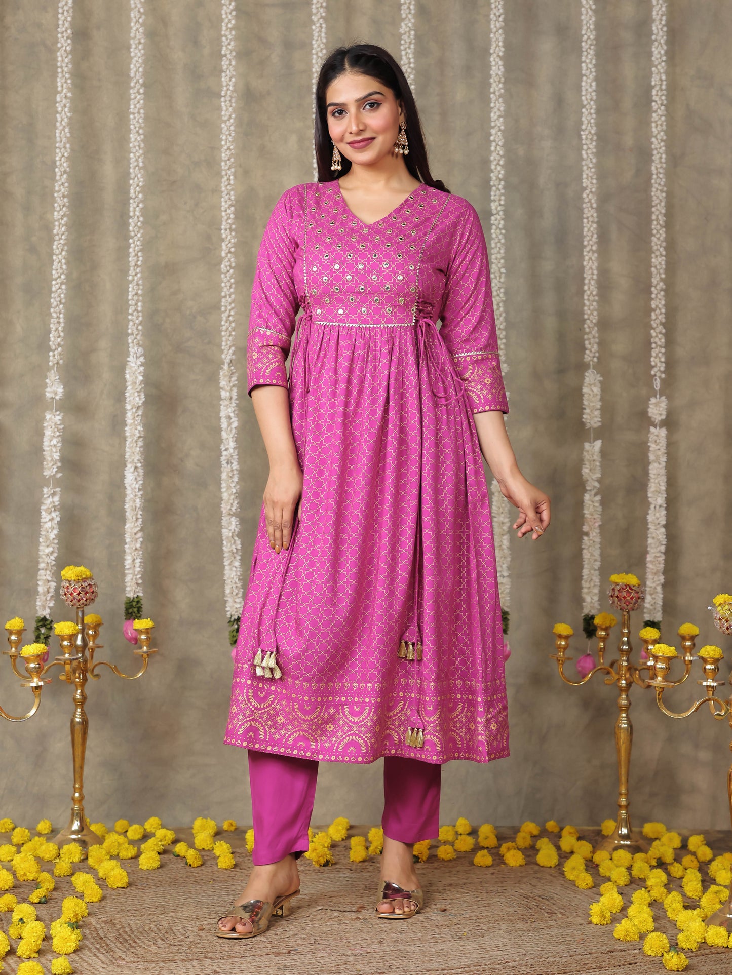 Embroidered Viscose Gold foil Flared Pink Kurta