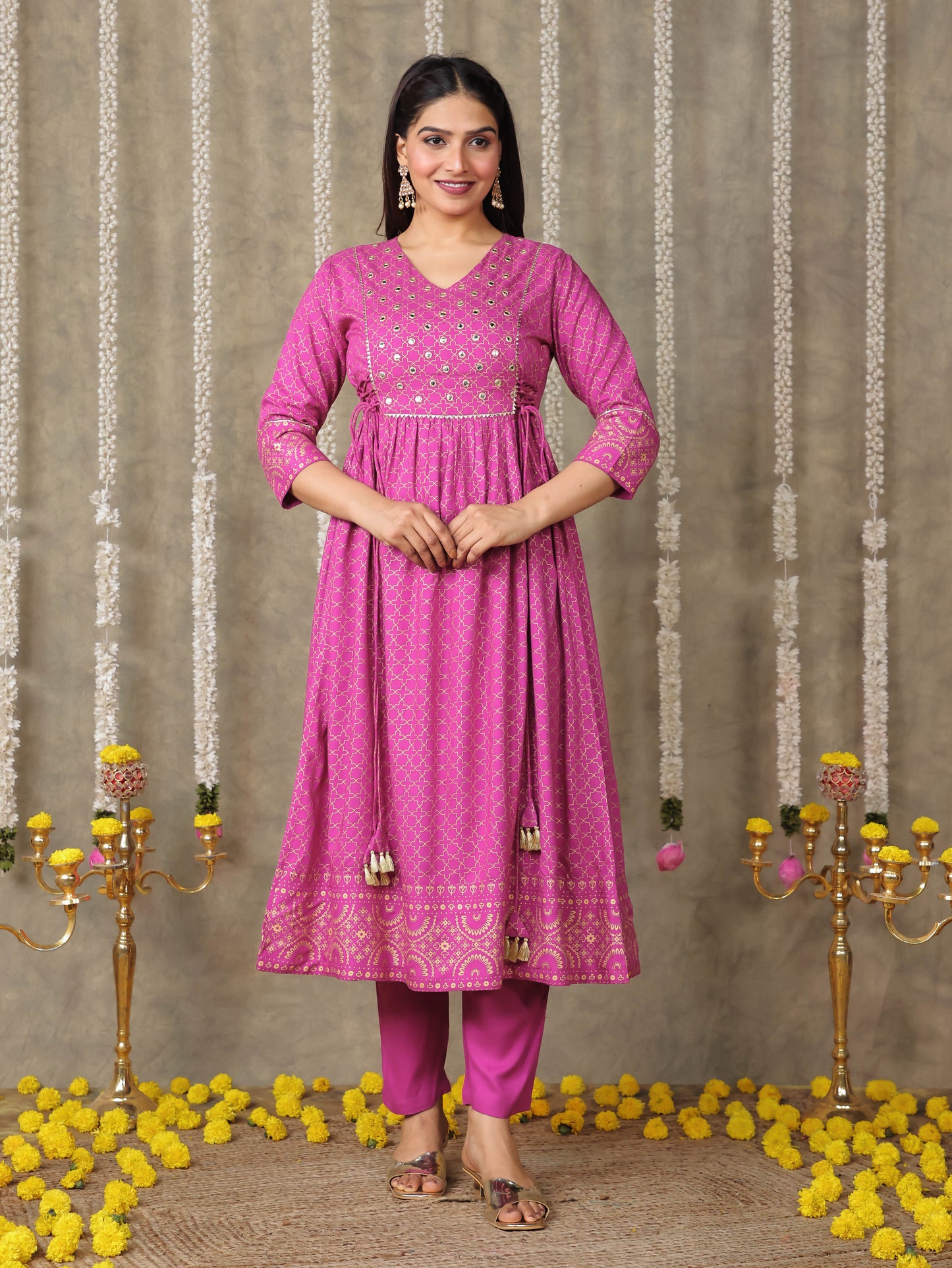 Embroidered Viscose Gold foil Flared Pink Kurta