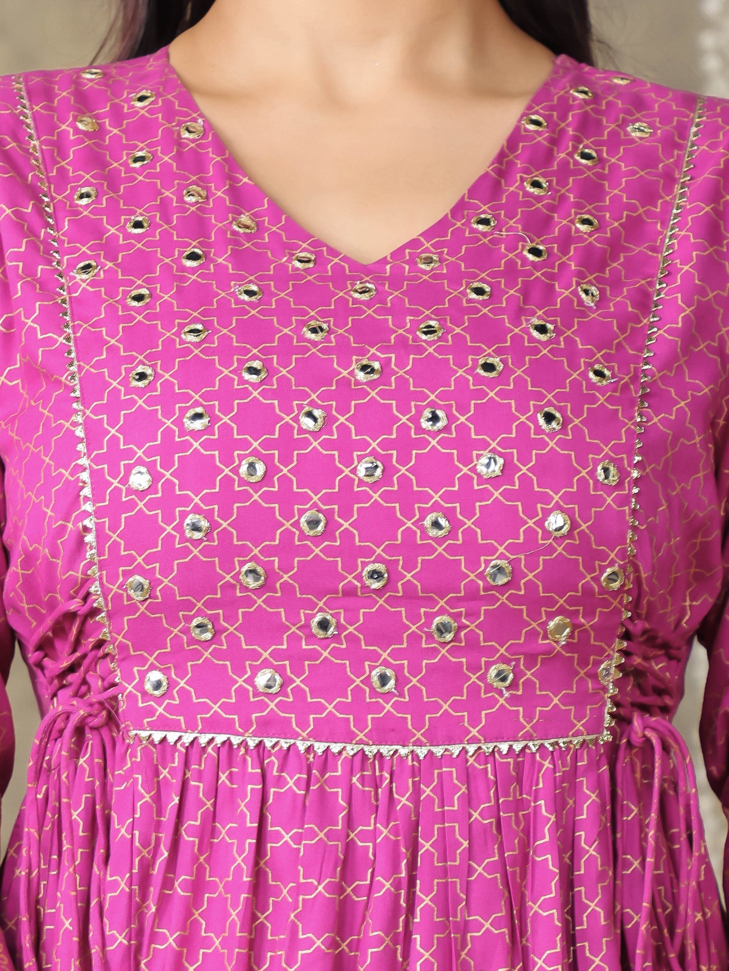 Embroidered Viscose Gold foil Flared Pink Kurta