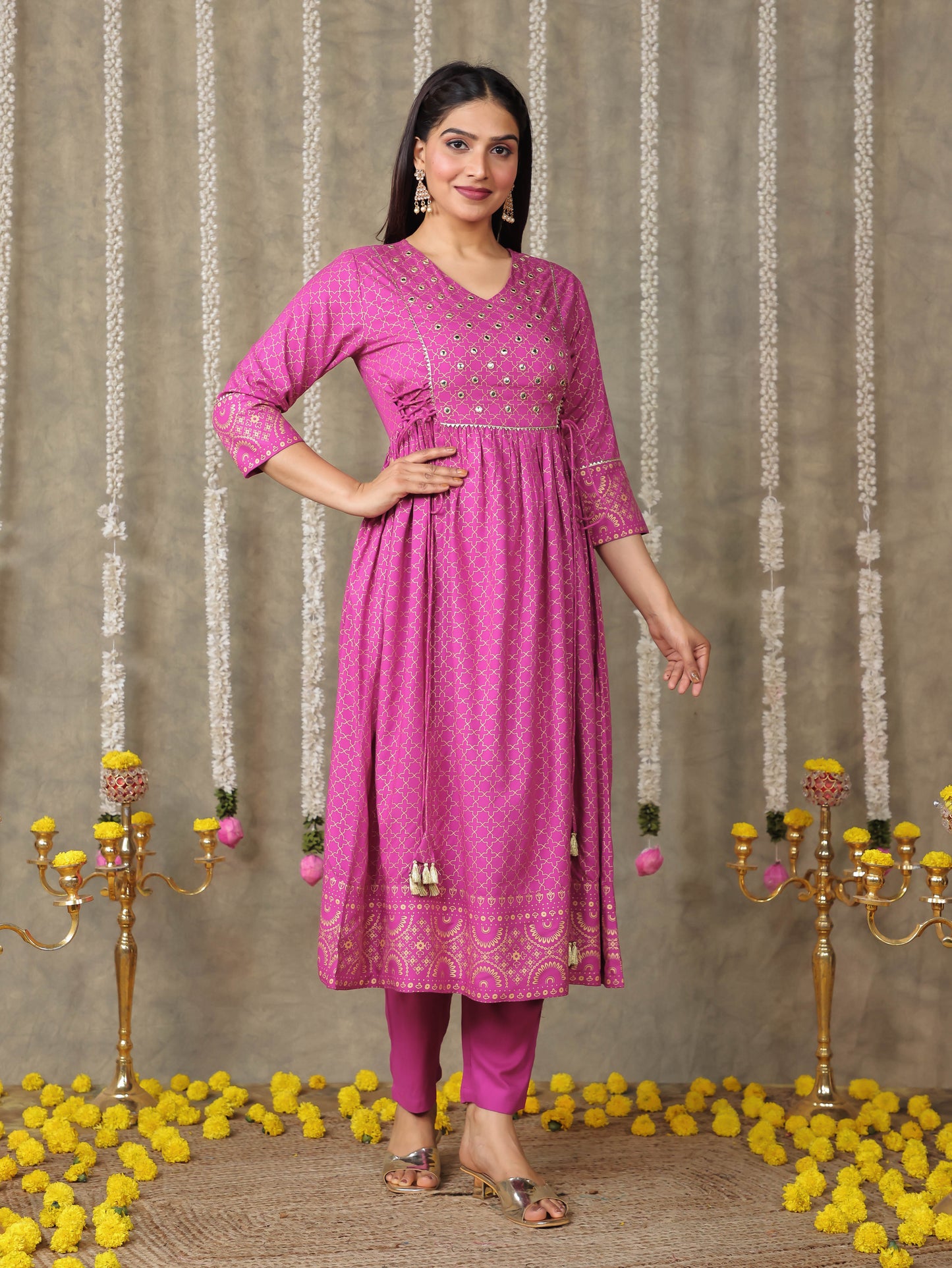 Embroidered Viscose Gold foil Flared Pink Kurta