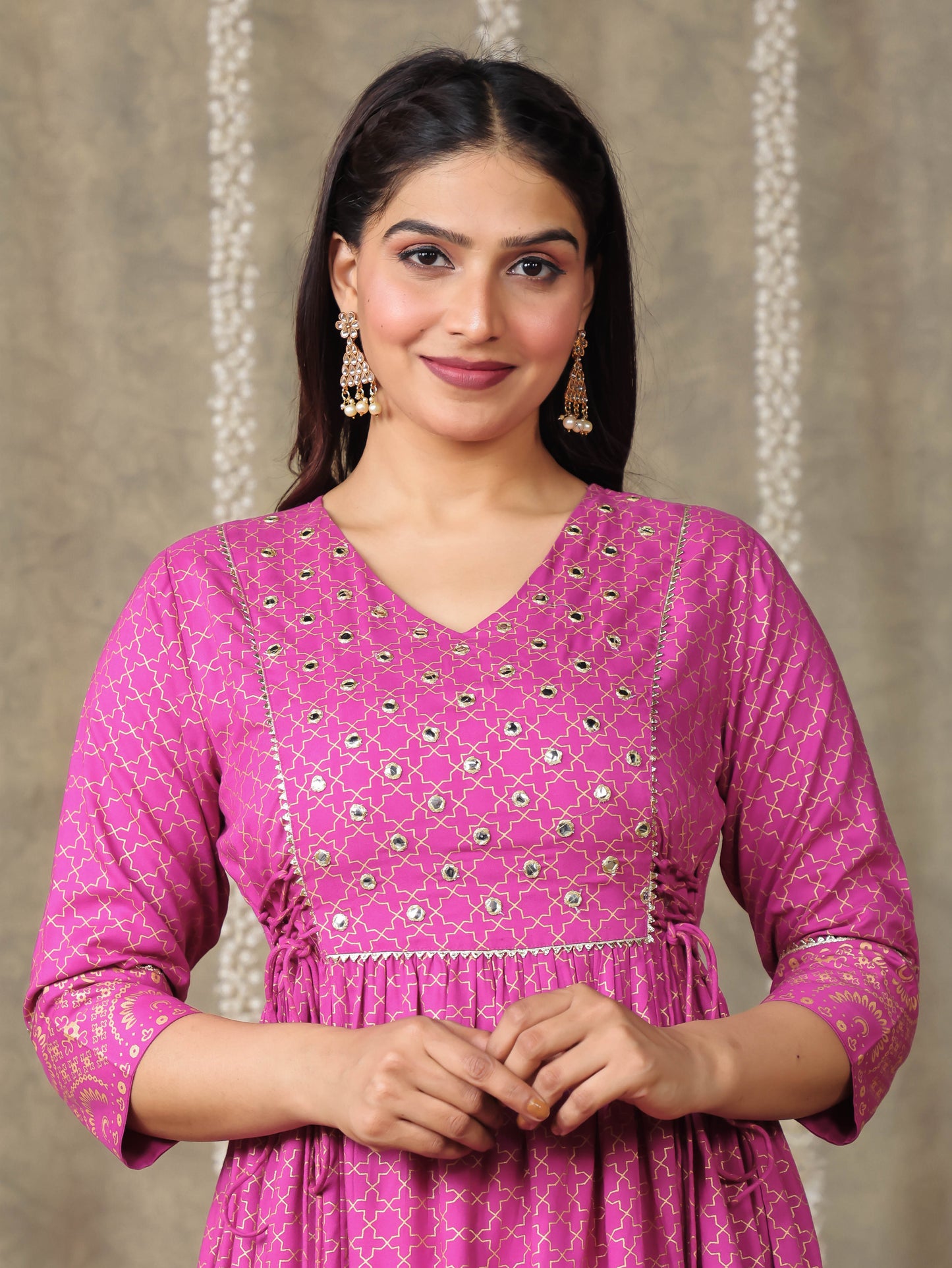 Embroidered Viscose Gold foil Flared Pink Kurta