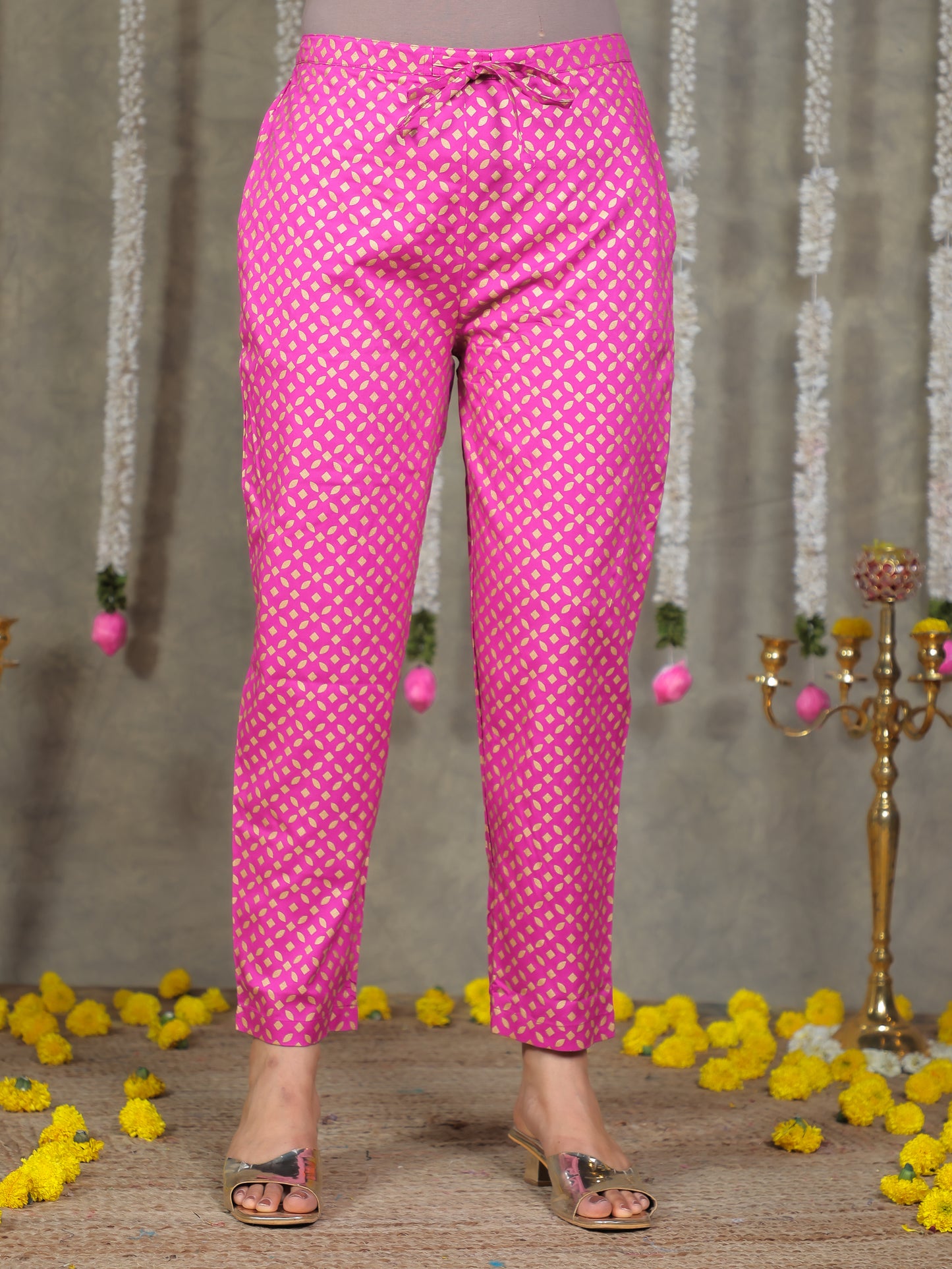 Viscose Gold foil Pink Tapered Tapered Trousers