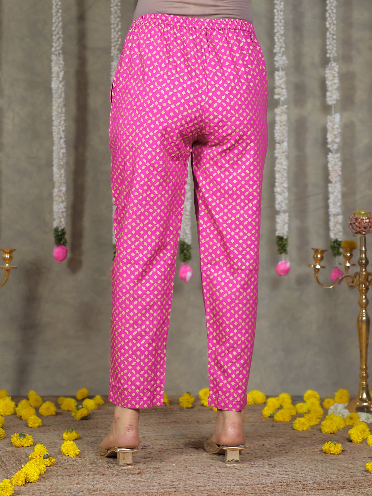 Viscose Gold foil Pink Tapered Tapered Trousers