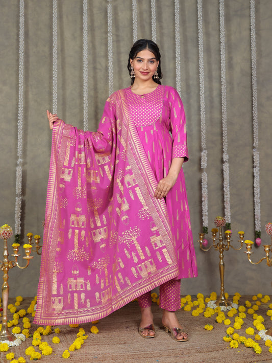Viscose Gold foil Pink Dupatta