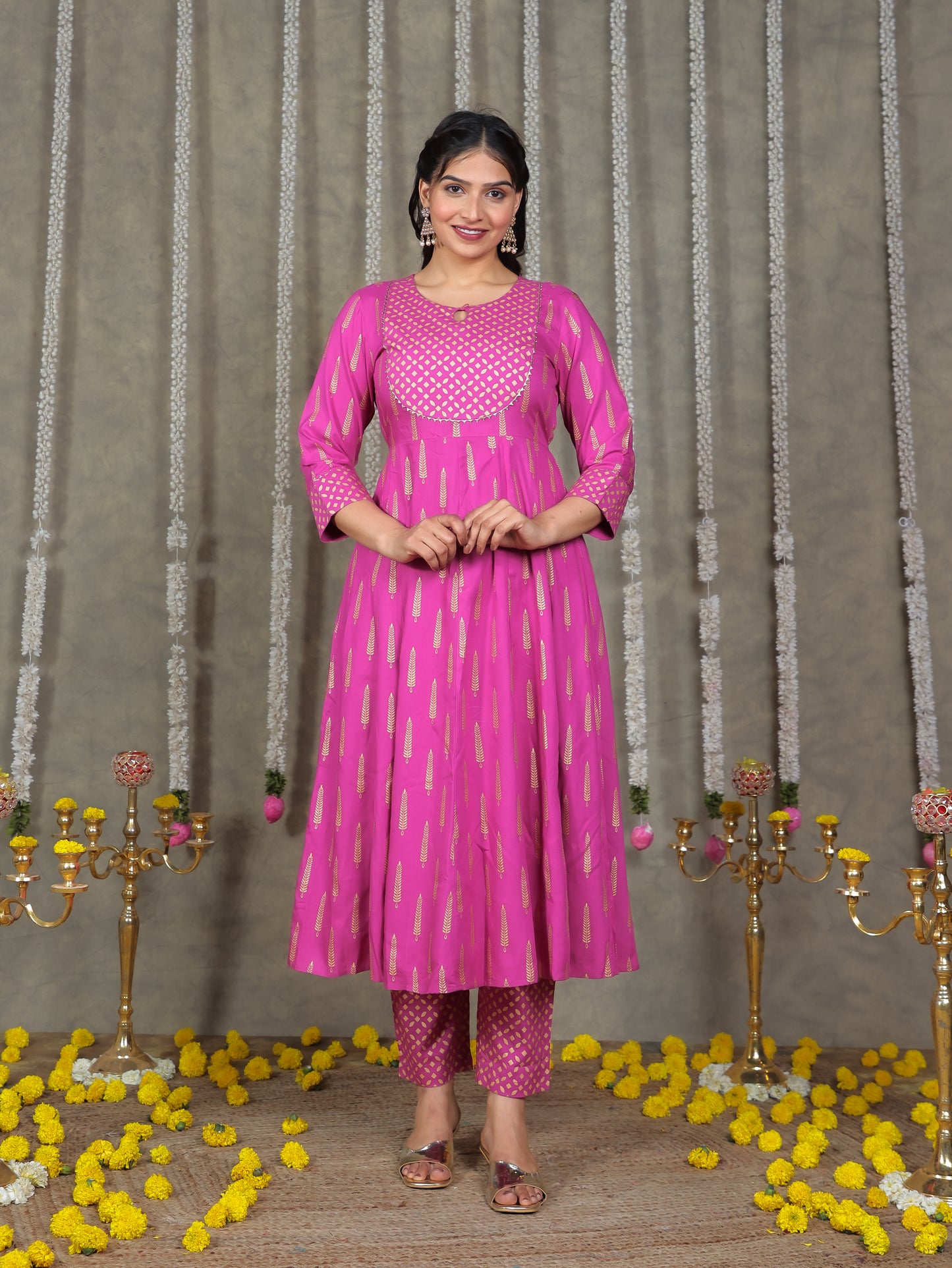 Viscose Gold foil Anarkali Pink Kurta