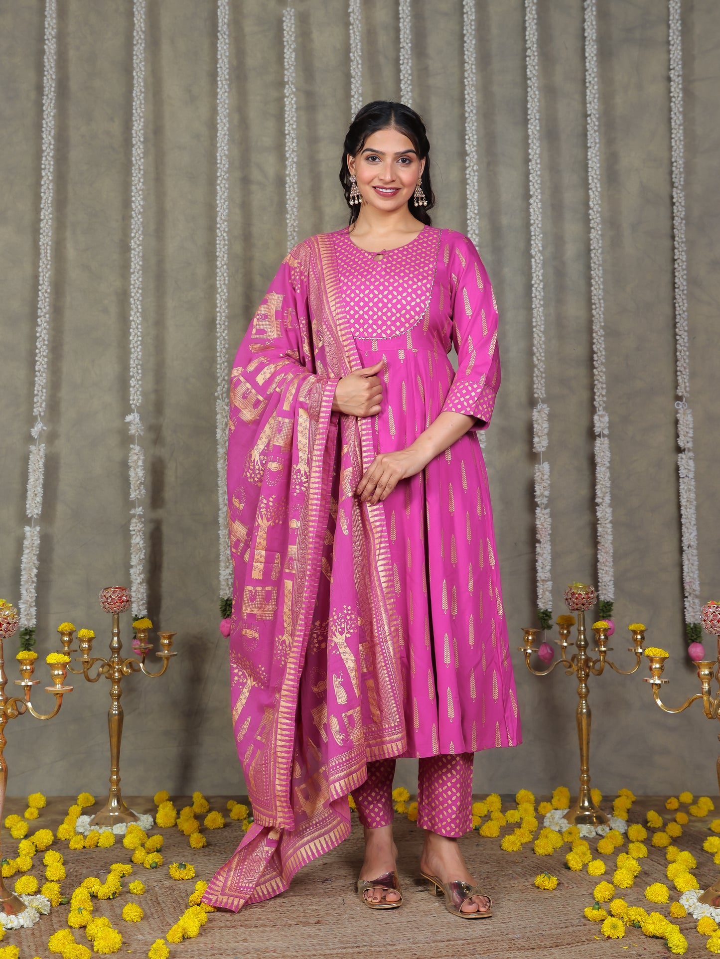 Viscose Gold foil Anarkali Pink Kurta
