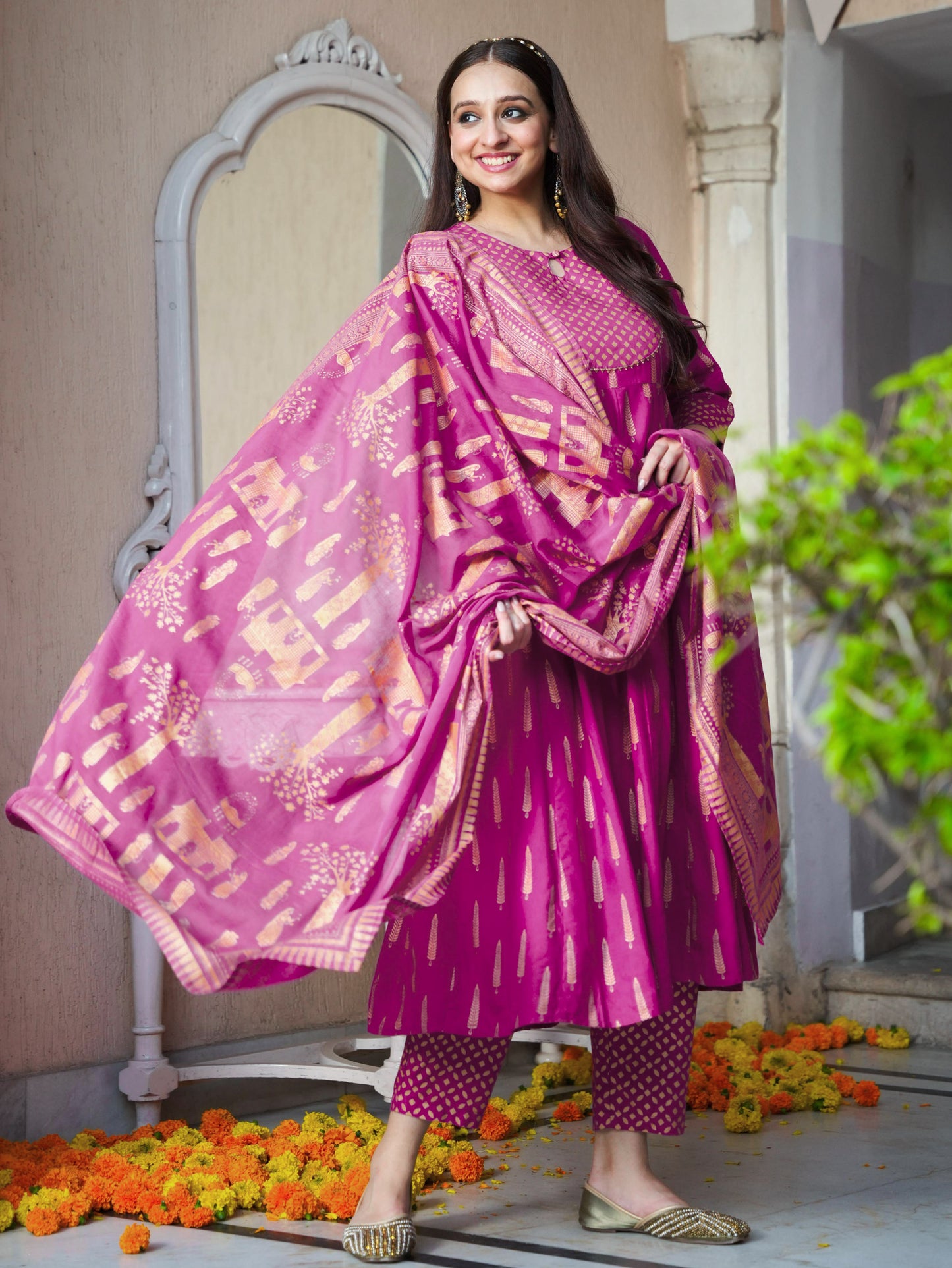 Viscose Gold foil Anarkali Pink Kurta