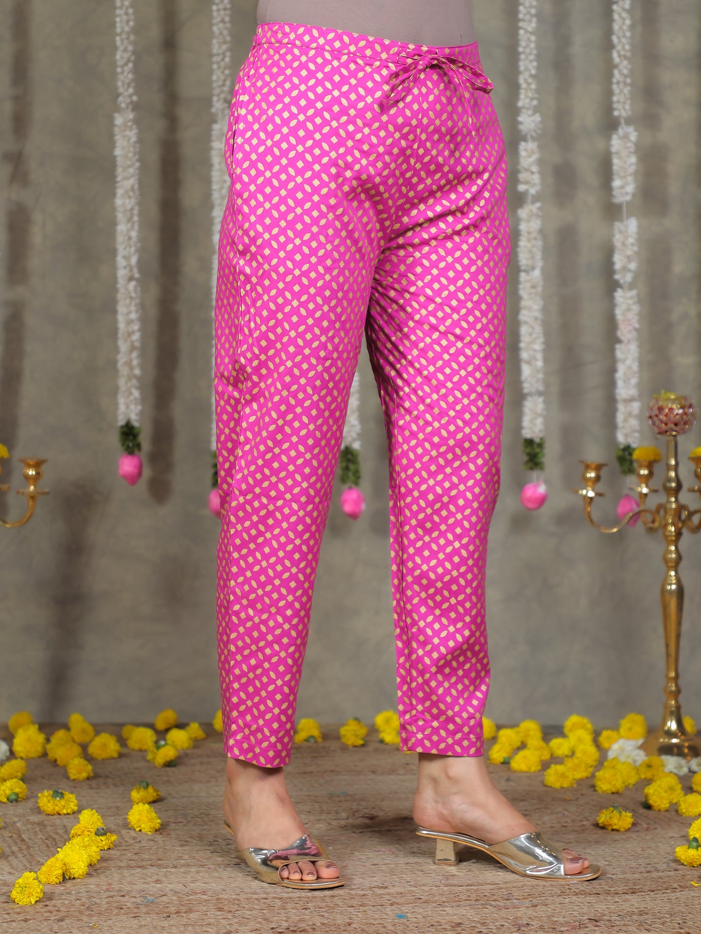 Viscose Gold foil Anarkali Pink Kurta