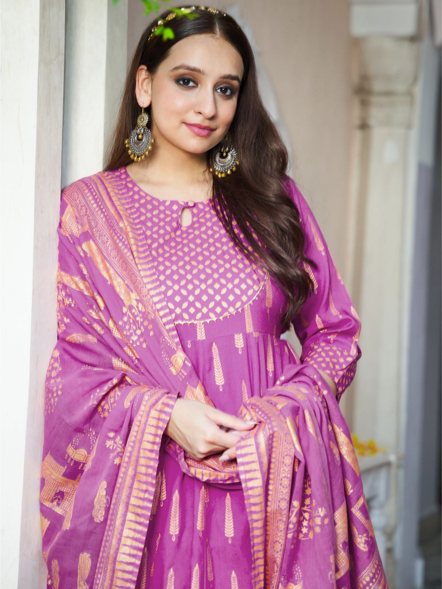 Viscose Gold foil Anarkali Pink Kurta