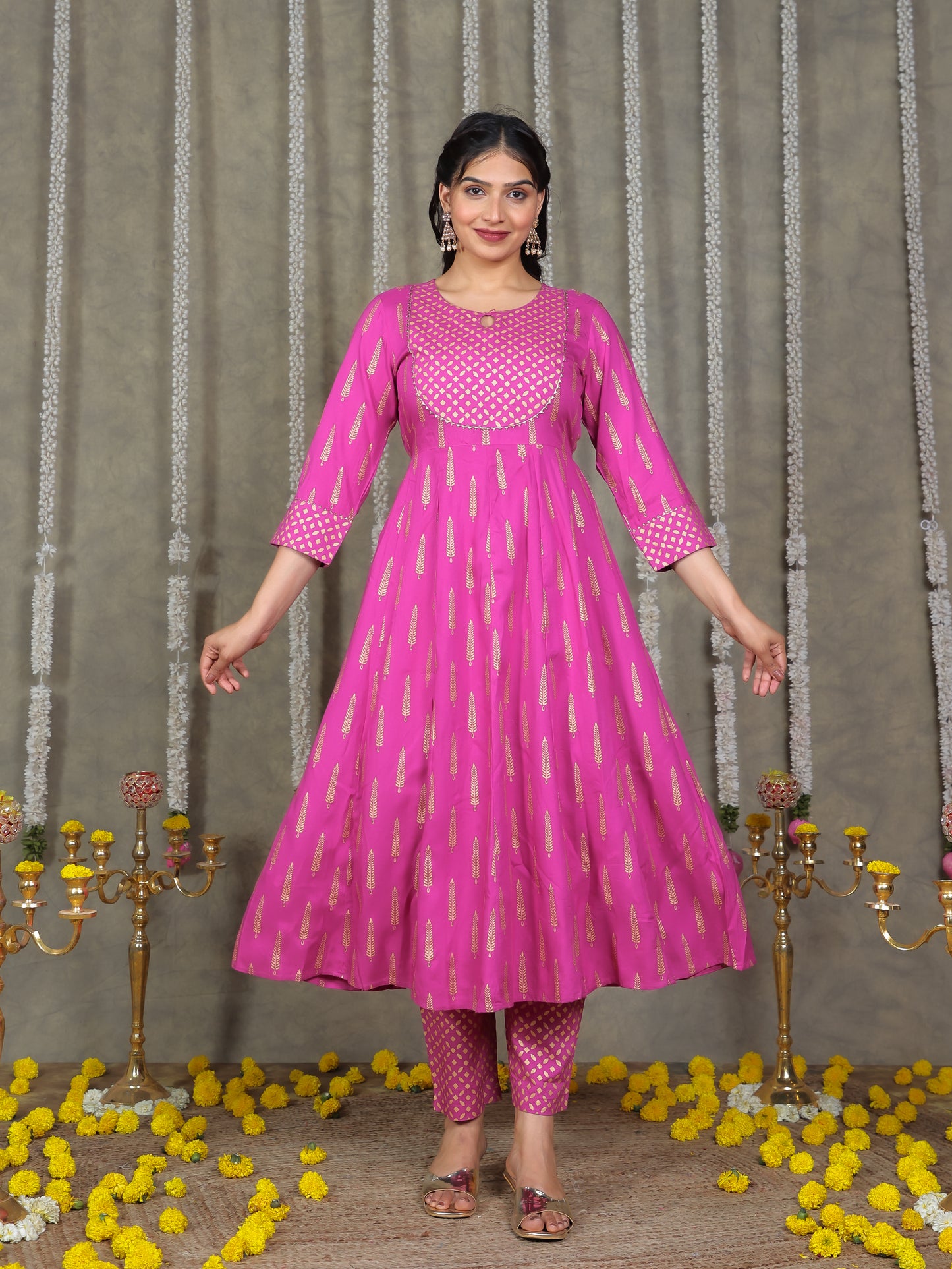 Viscose Gold foil Anarkali Pink Kurta