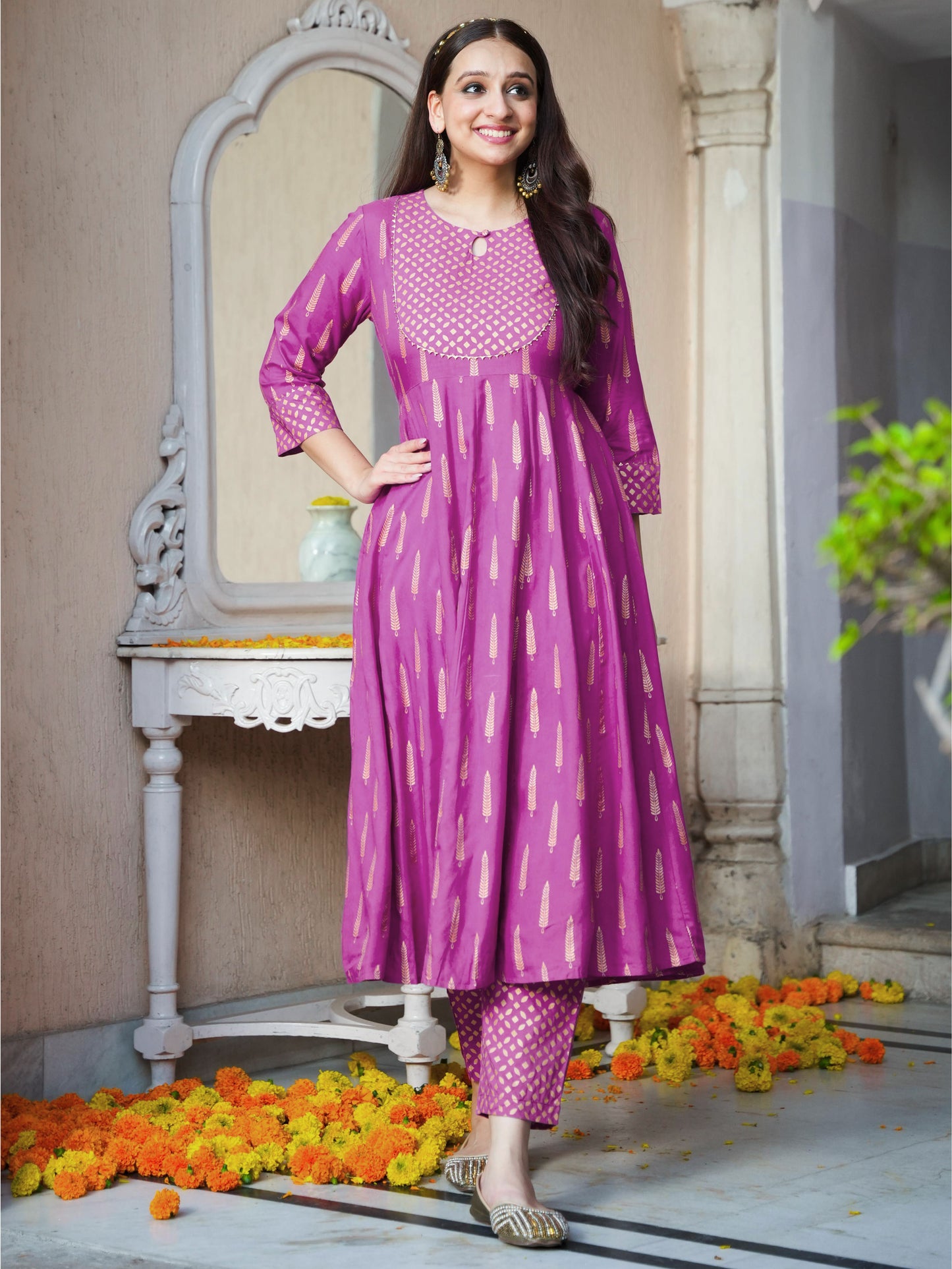 Viscose Gold foil Anarkali Pink Kurta