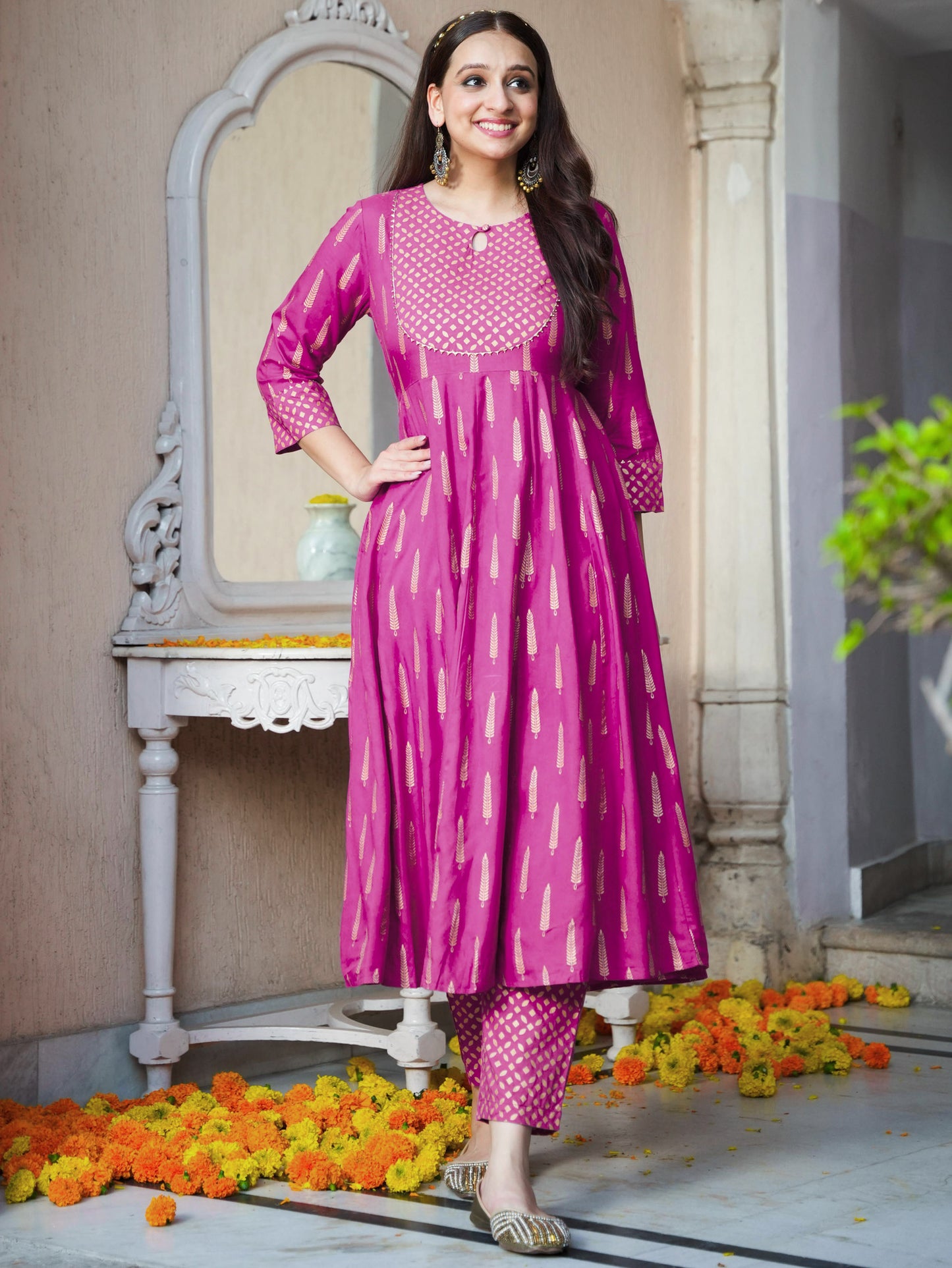 Viscose Gold foil Anarkali Pink Kurta