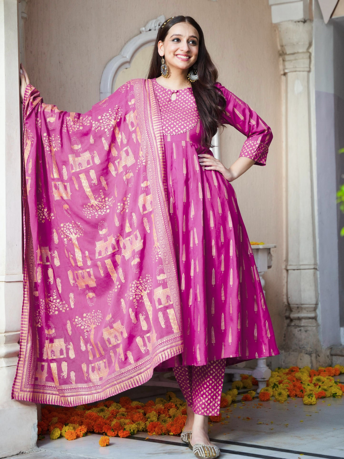 Viscose Gold foil Anarkali Pink Kurta
