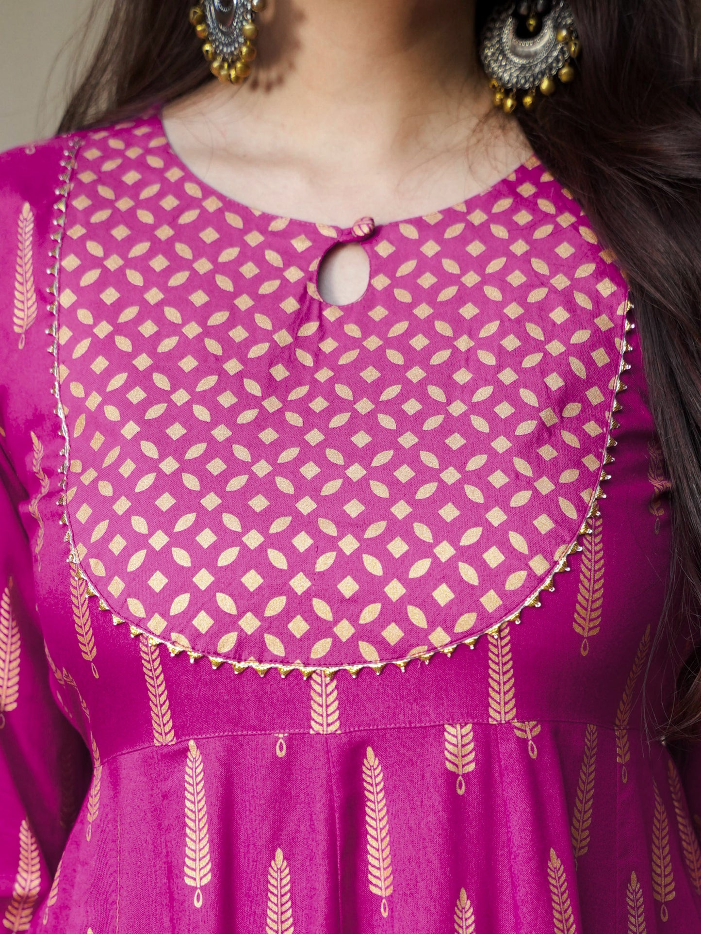 Viscose Gold foil Anarkali Pink Kurta