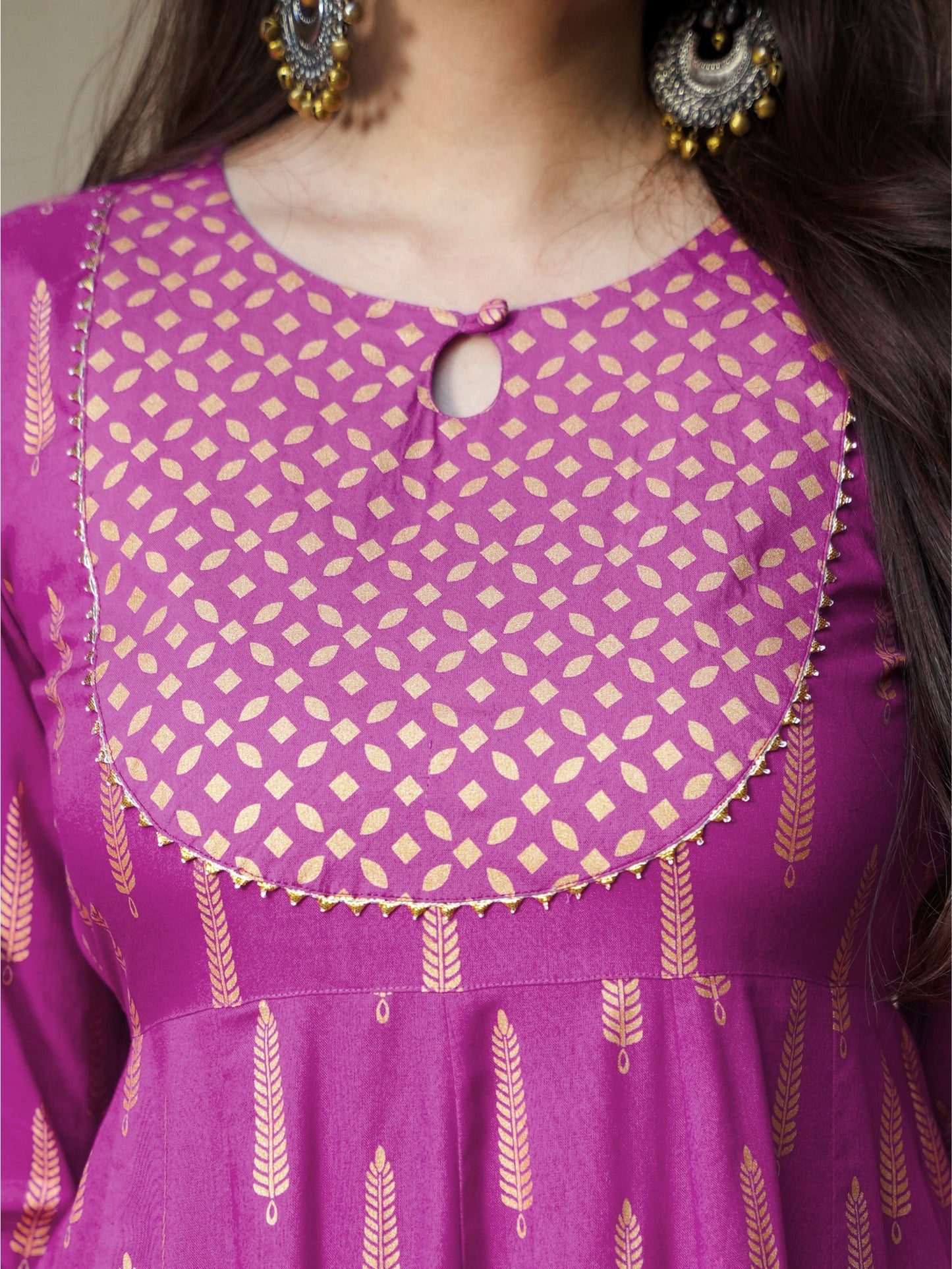 Viscose Gold foil Anarkali Pink Kurta