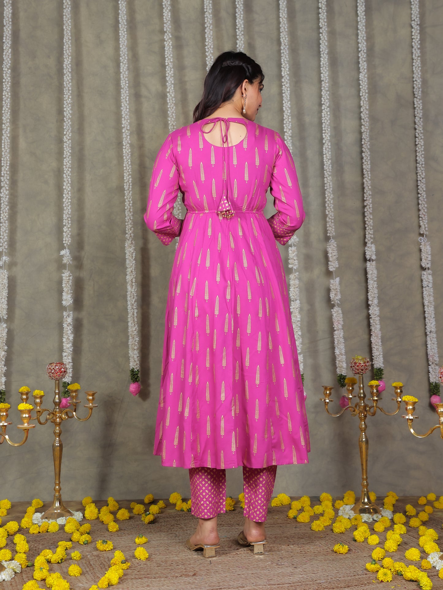 Viscose Gold foil Anarkali Pink Kurta