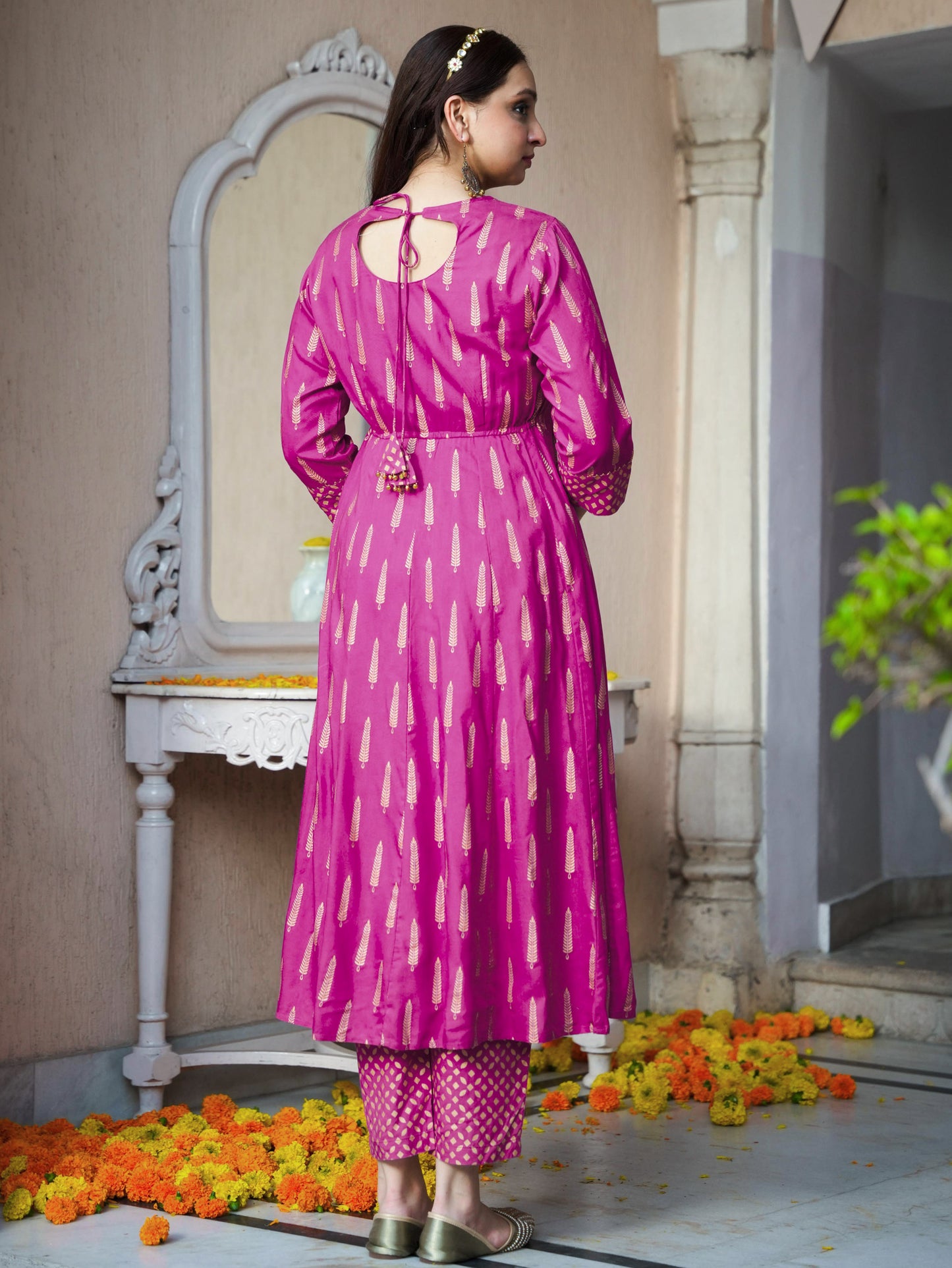 Viscose Gold foil Anarkali Pink Kurta