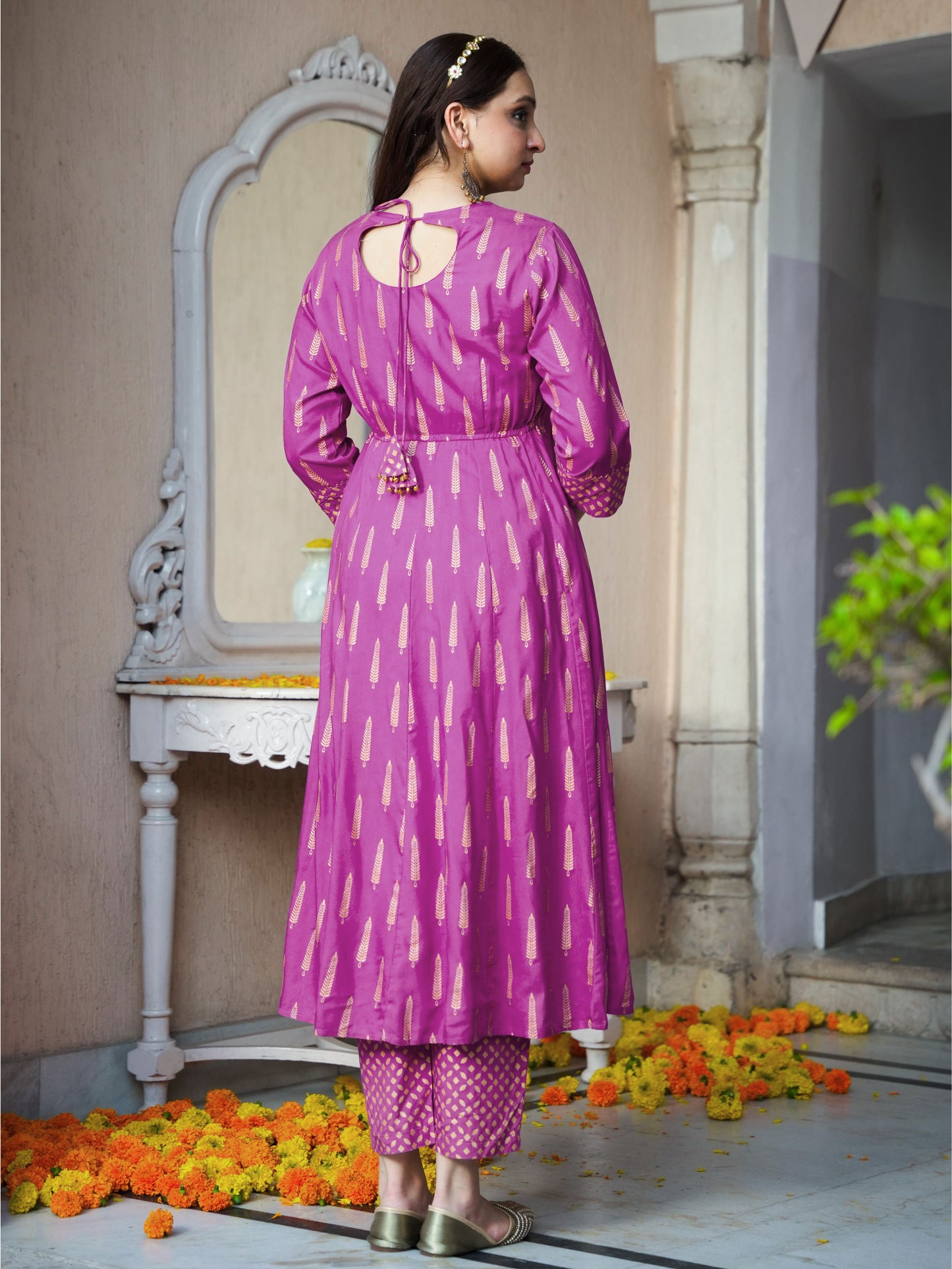 Viscose Gold foil Anarkali Pink Kurta